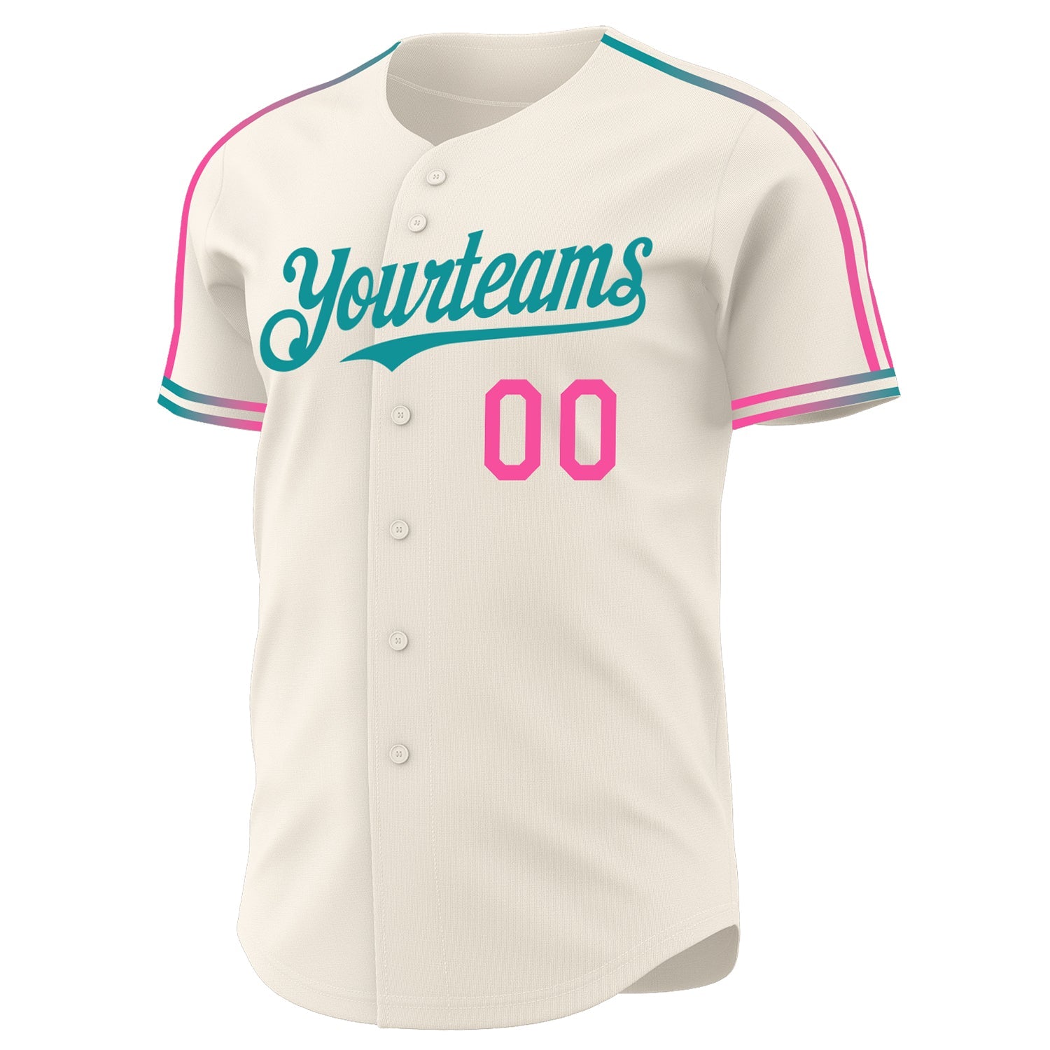 Custom Cream Pink-Teal Raglan Line Gradient Stripe Authentic Baseball Jersey view 3