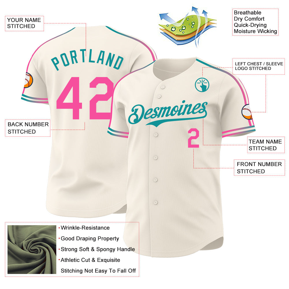 Custom Cream Pink-Teal Raglan Line Gradient Stripe Authentic Baseball Jersey view 4