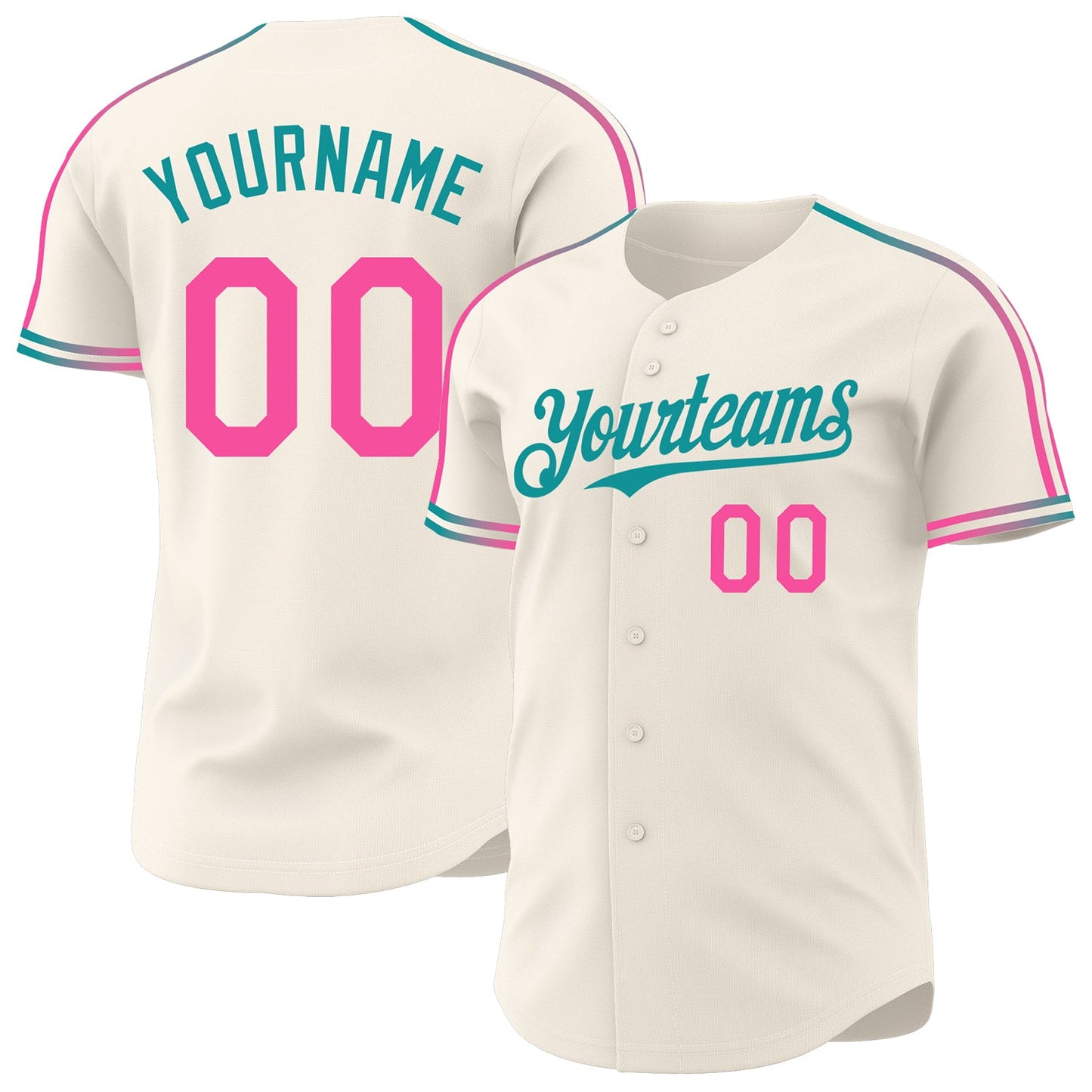 Custom Cream Pink-Teal Raglan Line Gradient Stripe Authentic Baseball Jersey - Main View