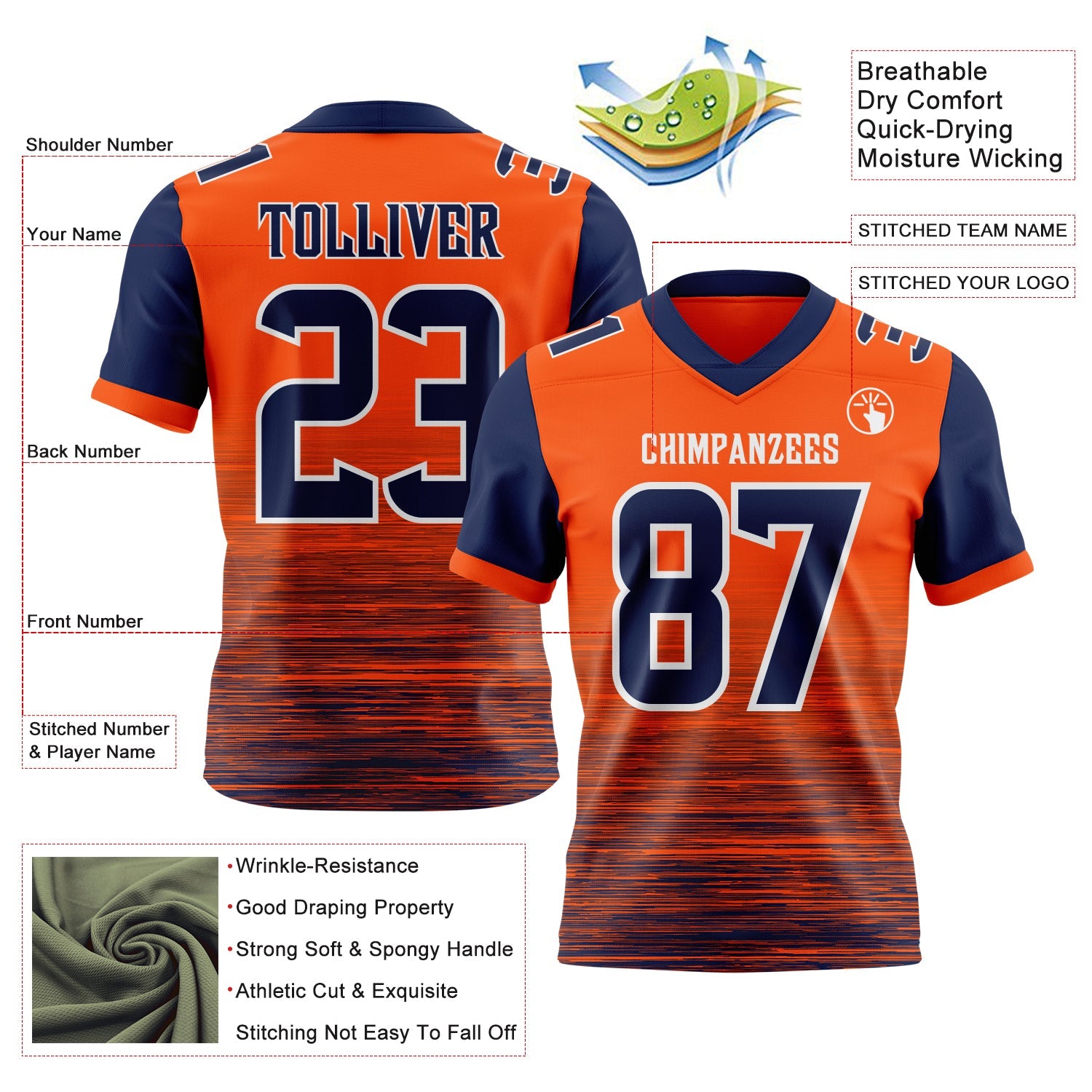 Custom Orange Navy-White Authentic Fluid Scratch Waves Football Jersey view 2
