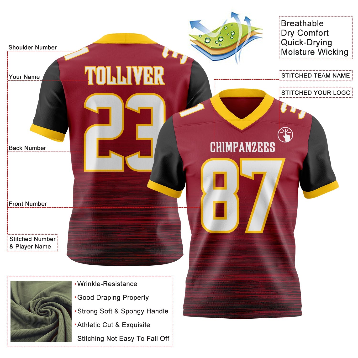 Custom Cardinal White Black-Yellow Authentic Fluid Scratch Waves Football Jersey view 2