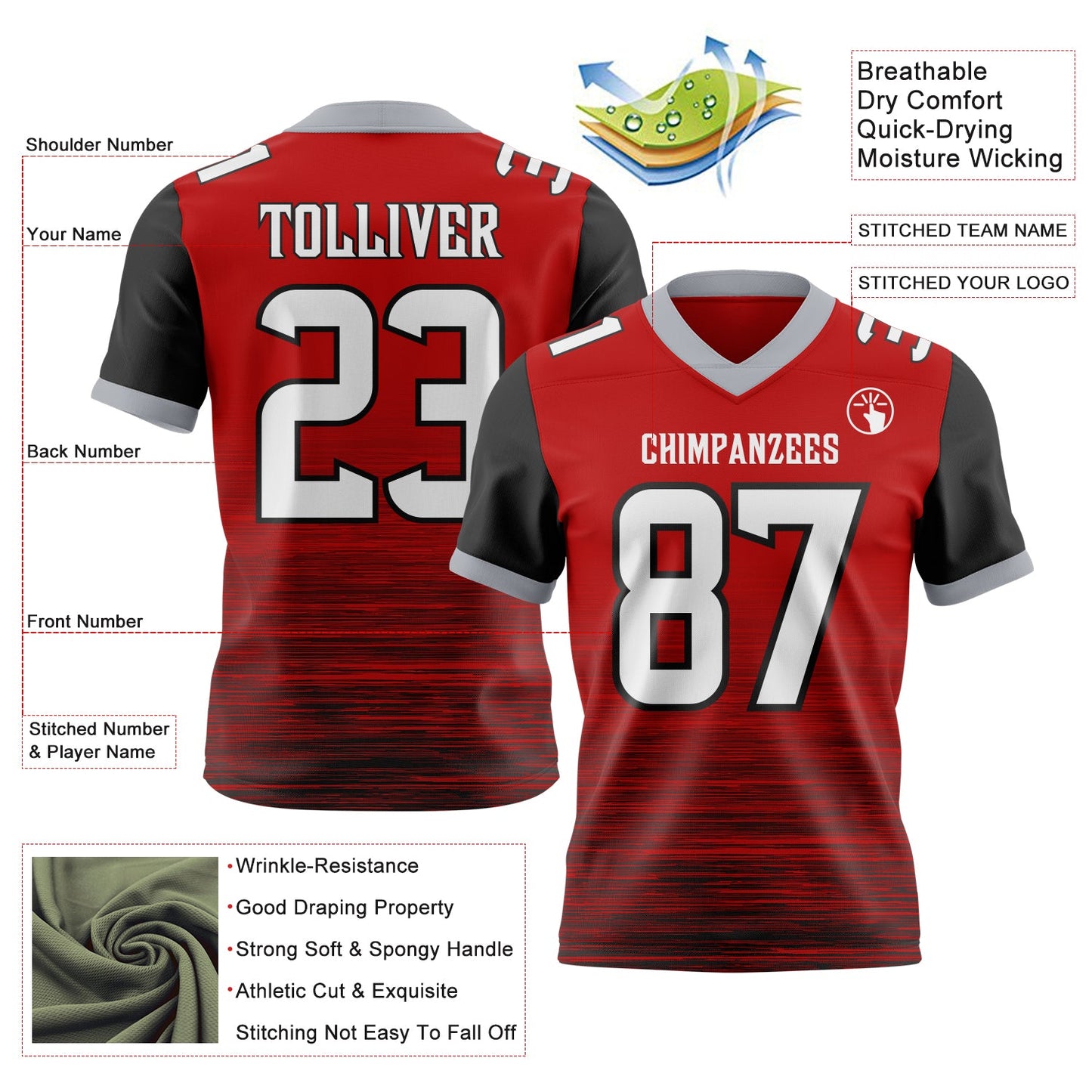 Custom Red White Black-Gray Authentic Fluid Scratch Waves Football Jersey view 2