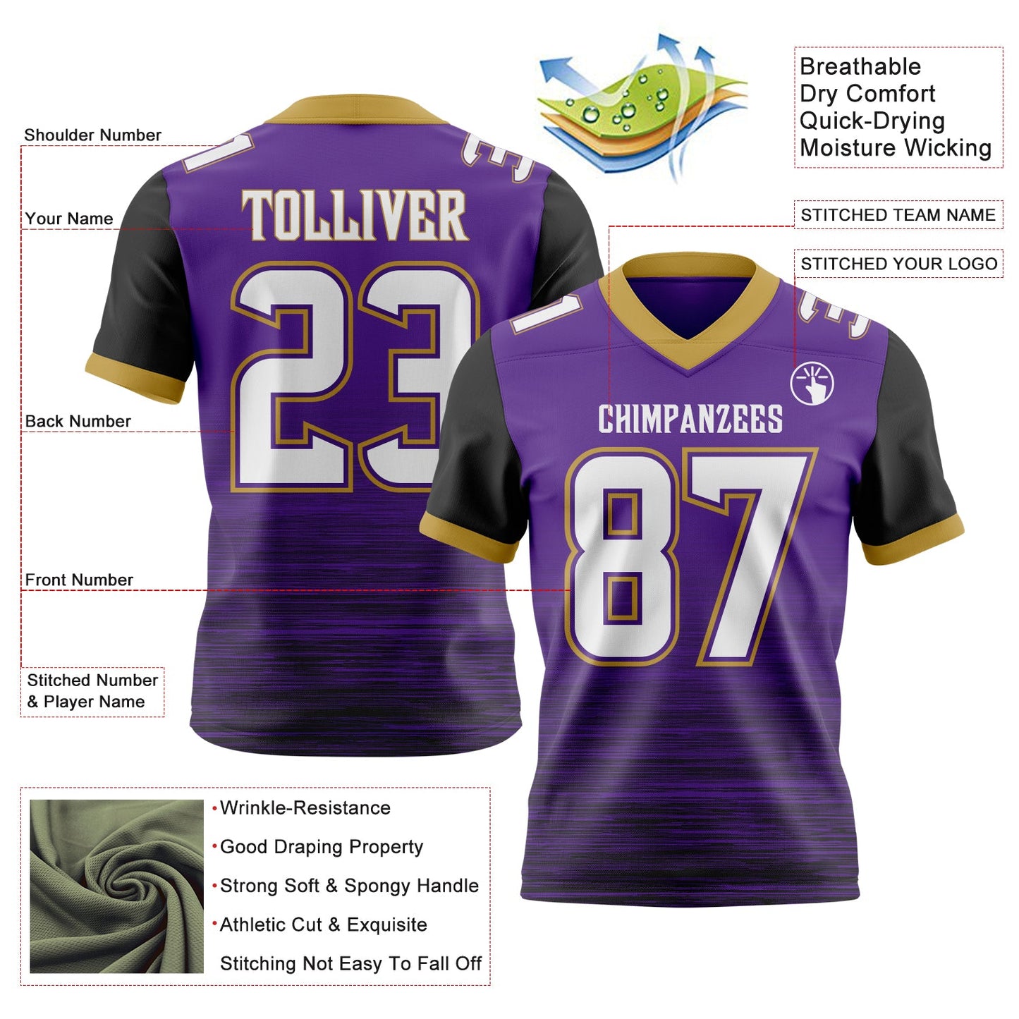 Custom Purple White Black-Old Gold Authentic Fluid Scratch Waves Football Jersey view 2