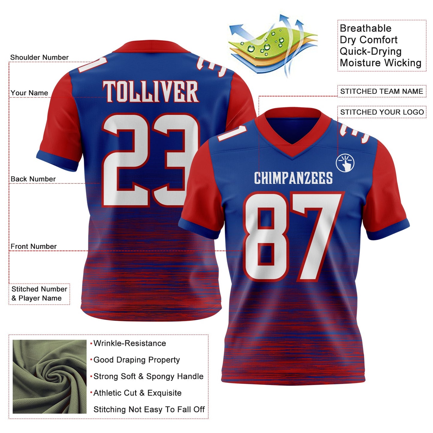 Custom Royal White-Red Authentic Fluid Scratch Waves Football Jersey view 2
