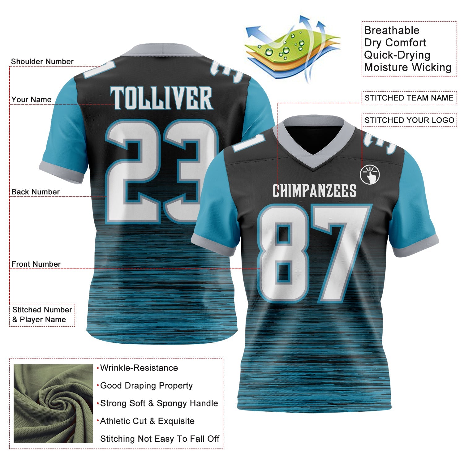Custom Black White Panther Blue-Gray Authentic Fluid Scratch Waves Football Jersey view 2