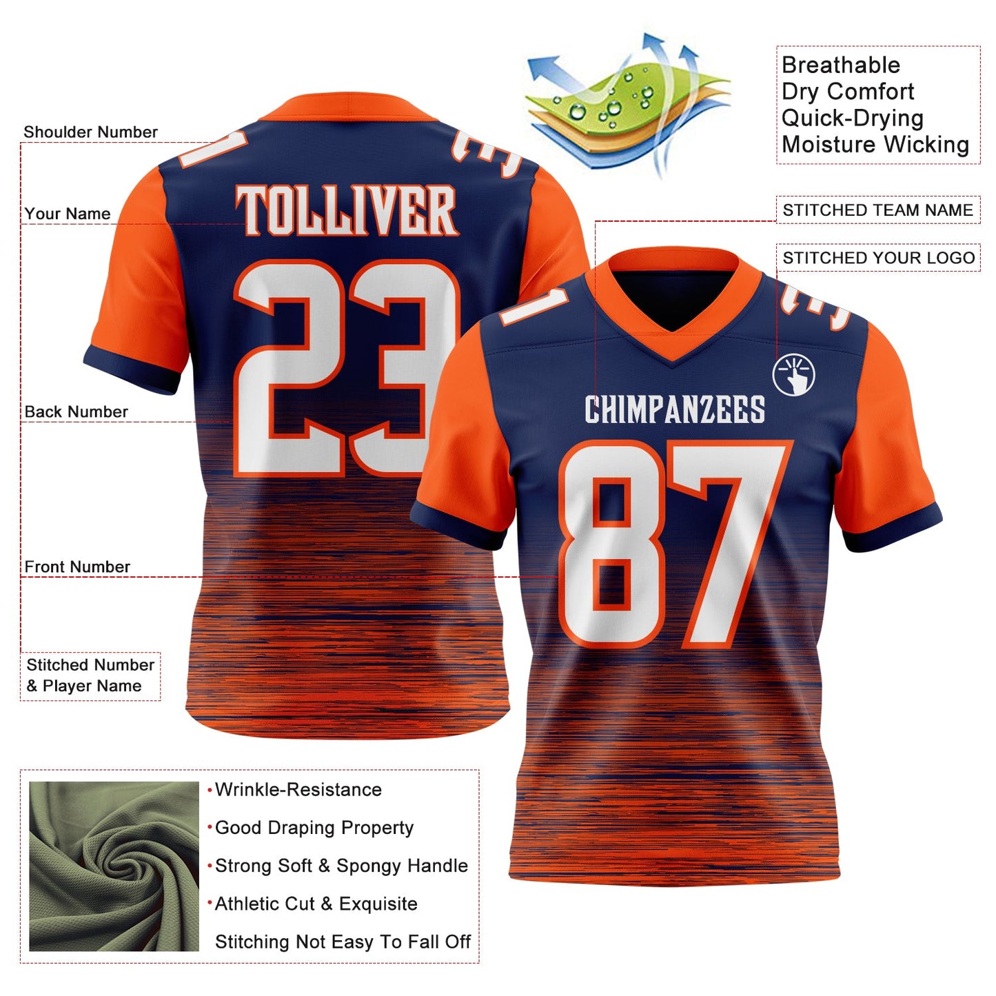 Custom Navy White-Orange Authentic Fluid Scratch Waves Football Jersey view 2
