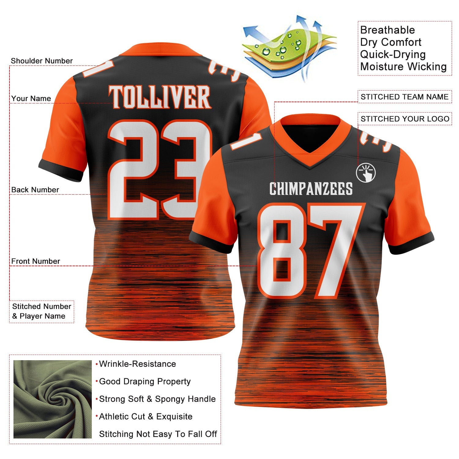 Custom Black White-Orange Authentic Fluid Scratch Waves Football Jersey view 2
