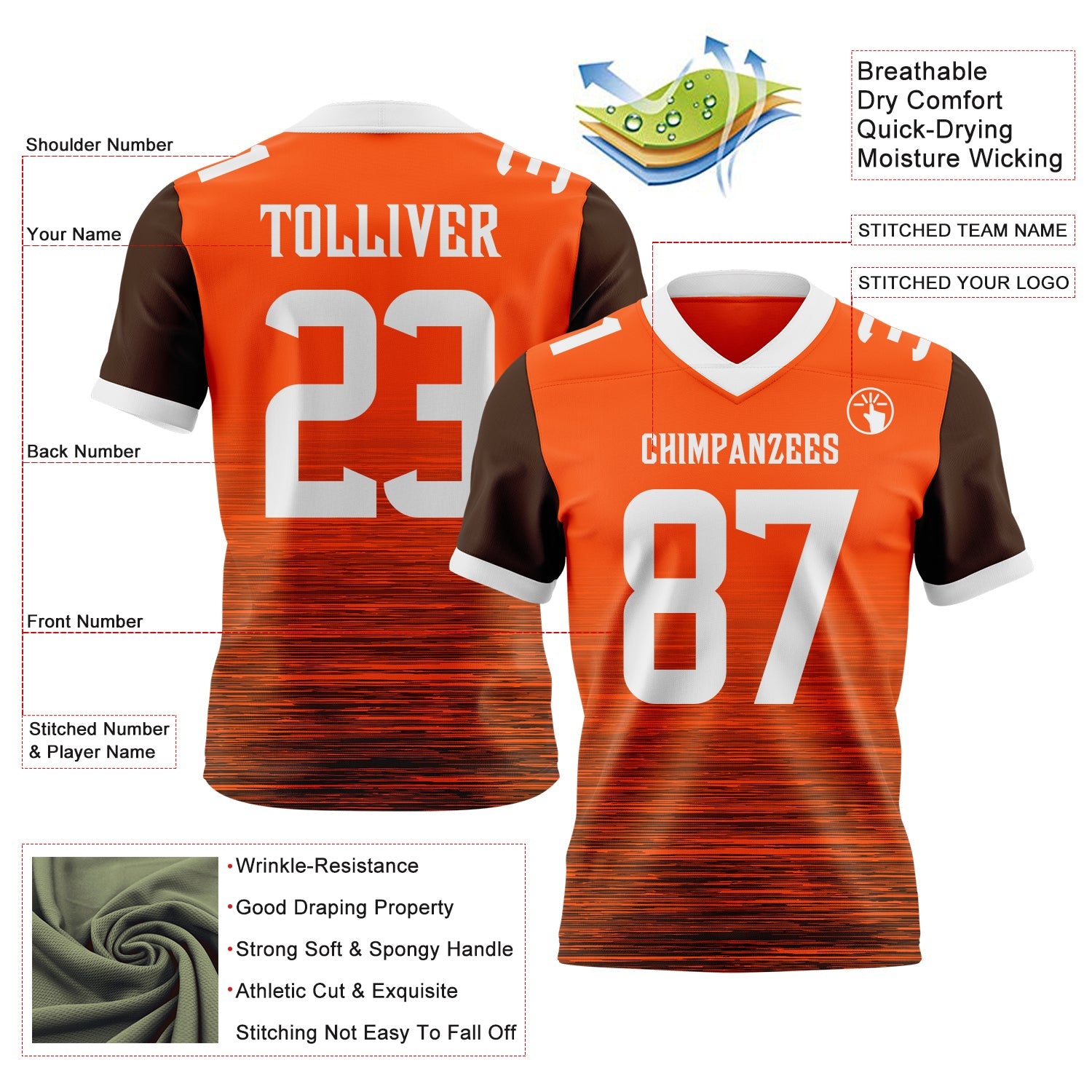 Custom Orange White-Brown Authentic Fluid Scratch Waves Football Jersey view 2