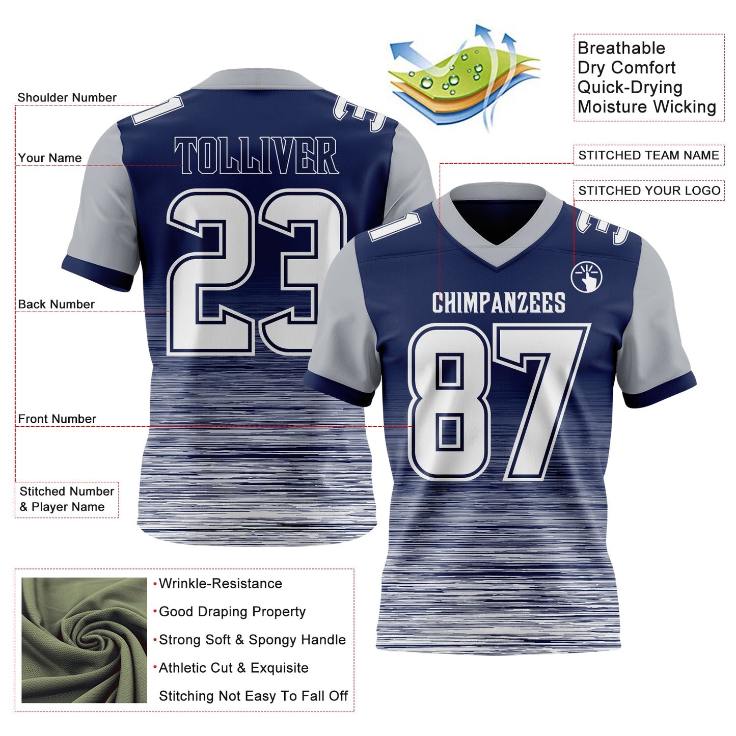Custom Navy White-Gray Authentic Fluid Scratch Waves Football Jersey view 2
