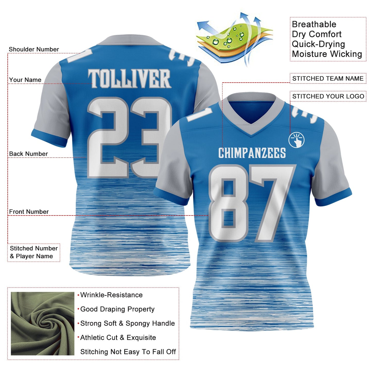 Custom Blue White-Gray Authentic Fluid Scratch Waves Football Jersey view 2