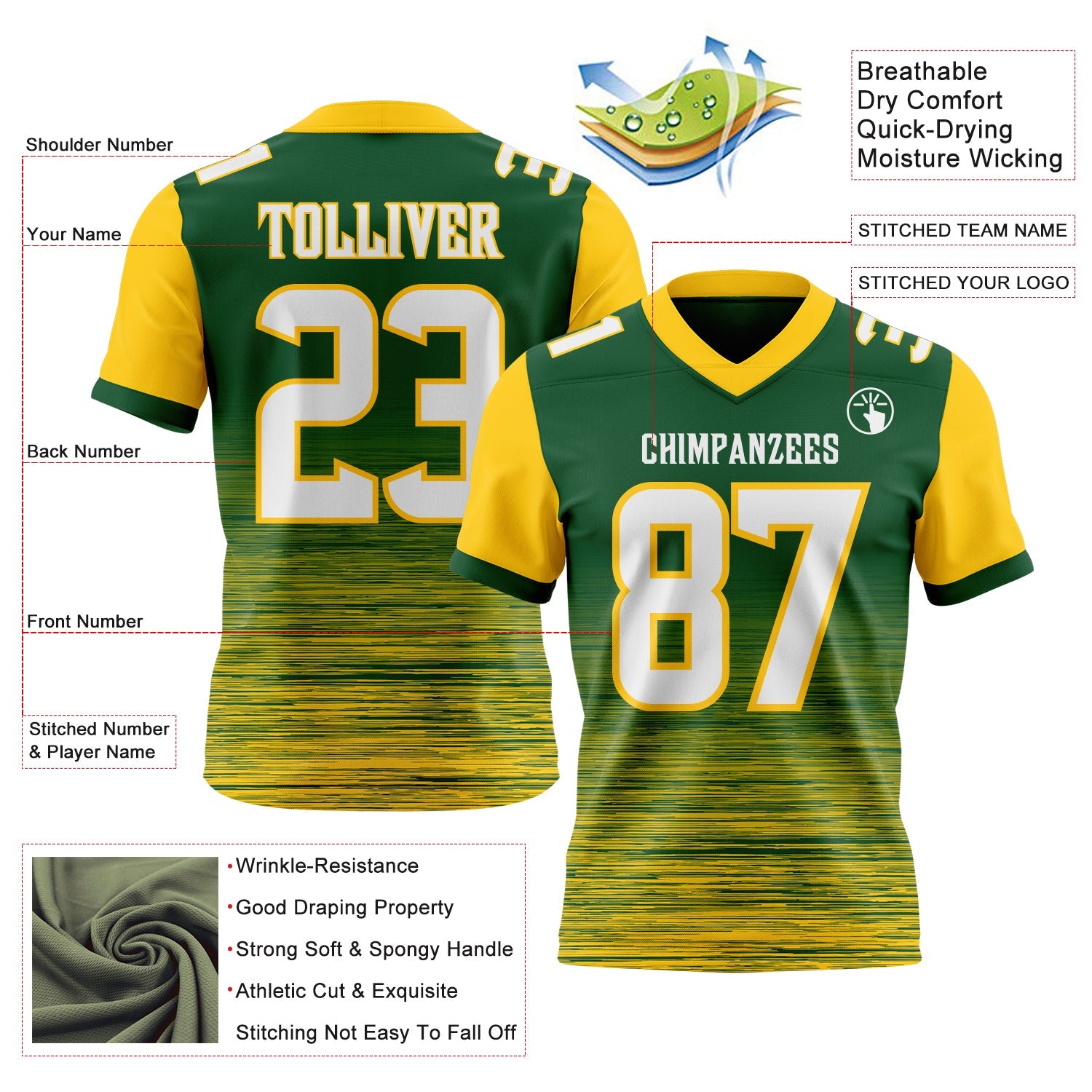 Custom Green White-Yellow Authentic Fluid Scratch Waves Football Jersey view 2