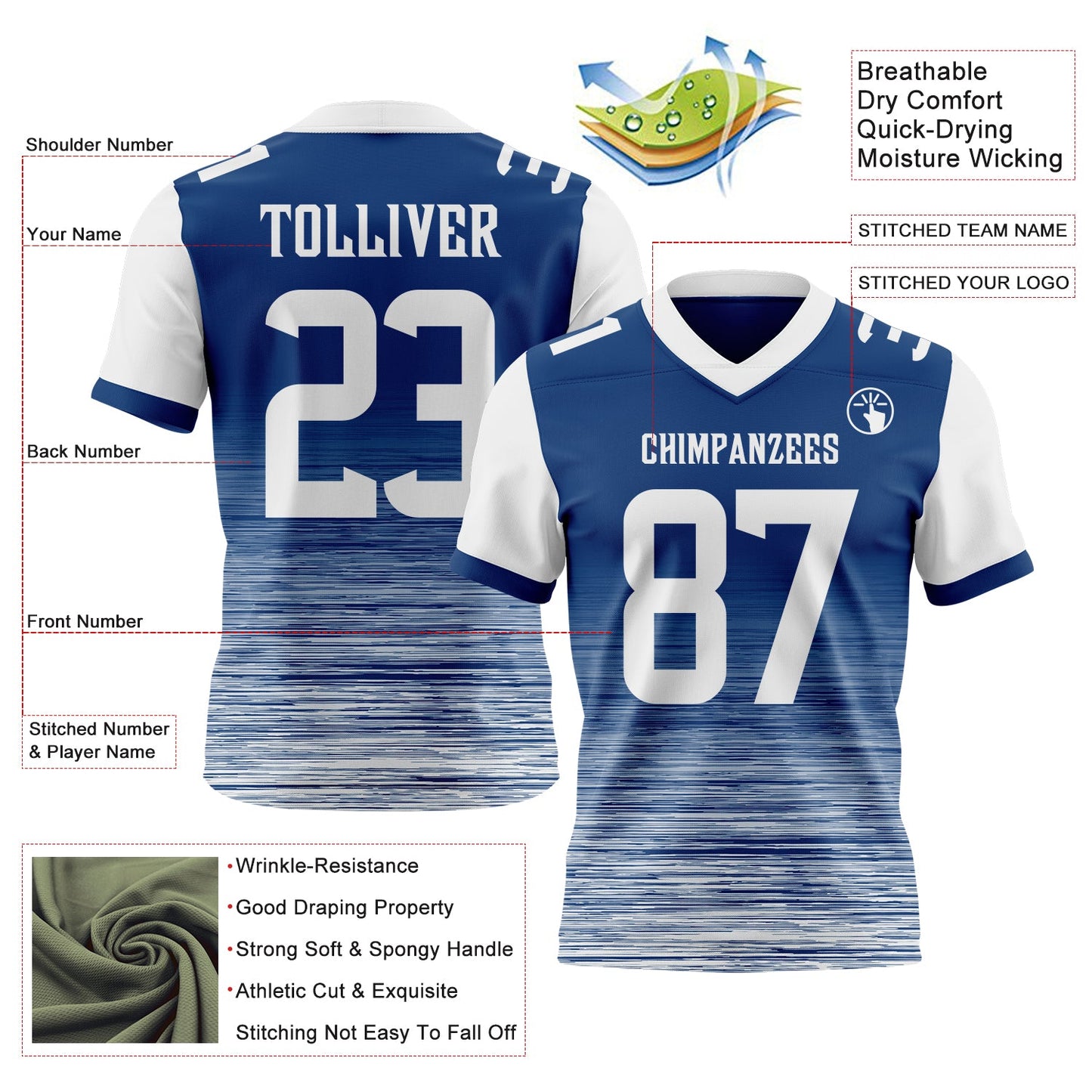 Custom US Navy Blue-White Authentic Fluid Scratch Waves Football Jersey view 2