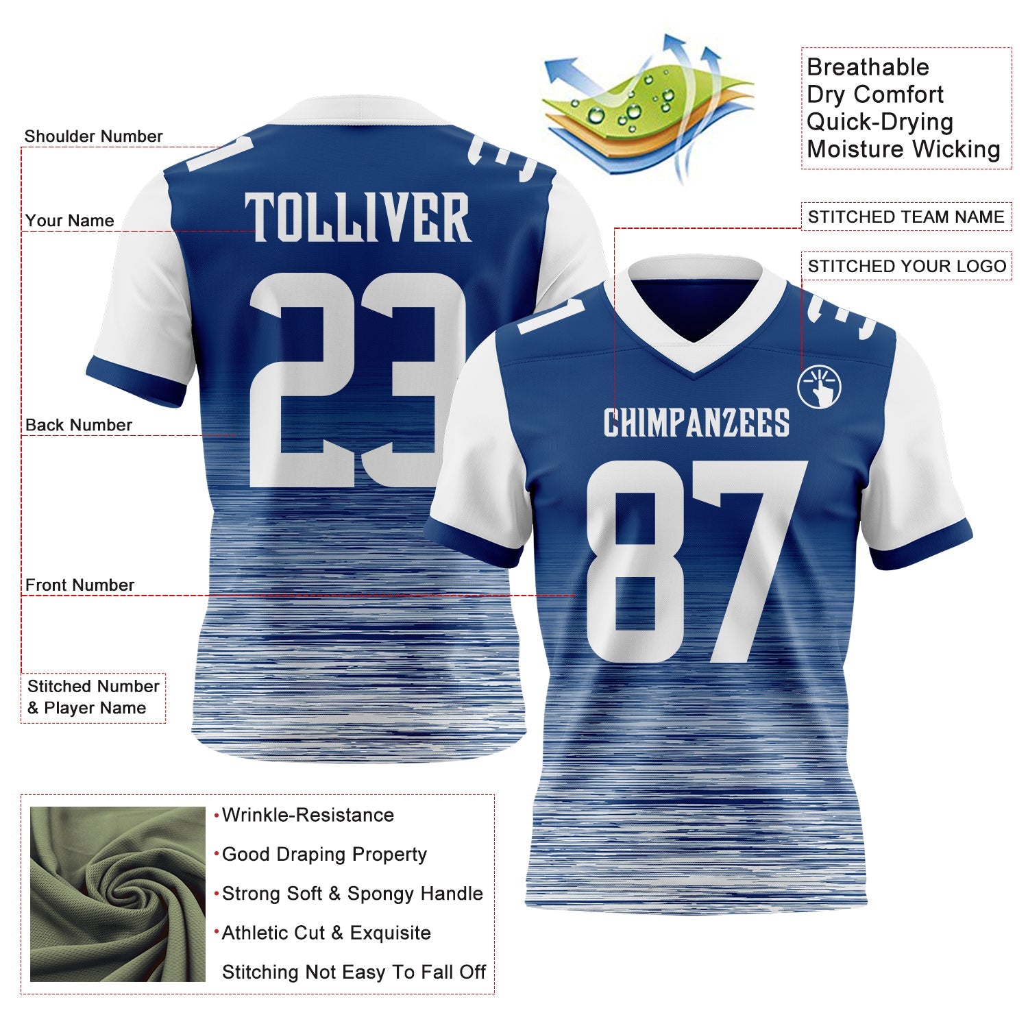 Custom US Navy Blue-White Authentic Fluid Scratch Waves Football Jersey view 2
