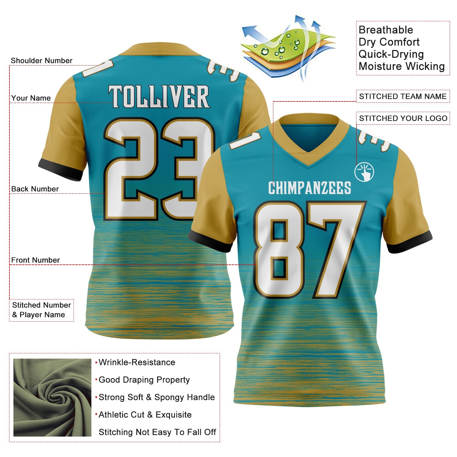 Custom Teal White Old Gold-Black Authentic Fluid Scratch Waves Football Jersey view 2