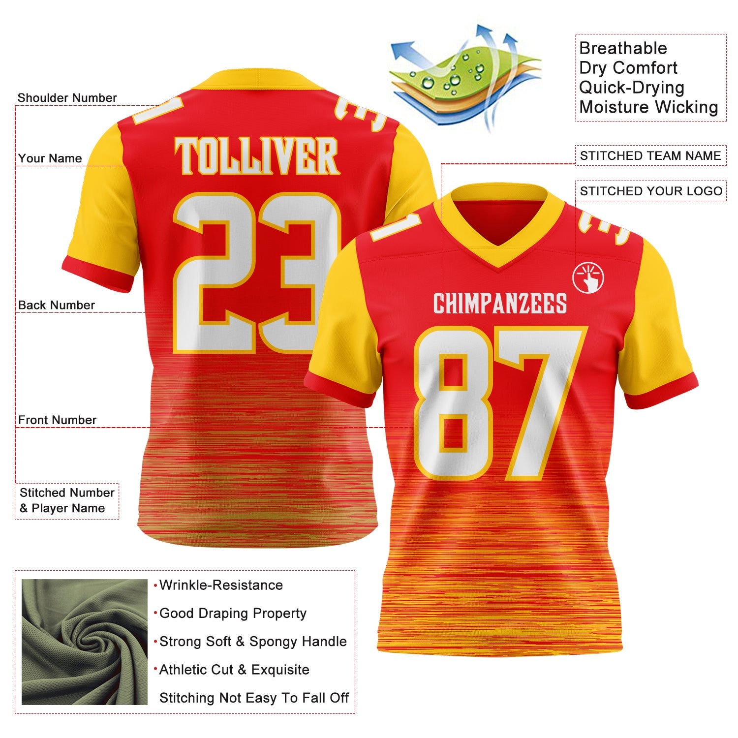 Custom Fire Red White-Yellow Authentic Fluid Scratch Waves Football Jersey view 2