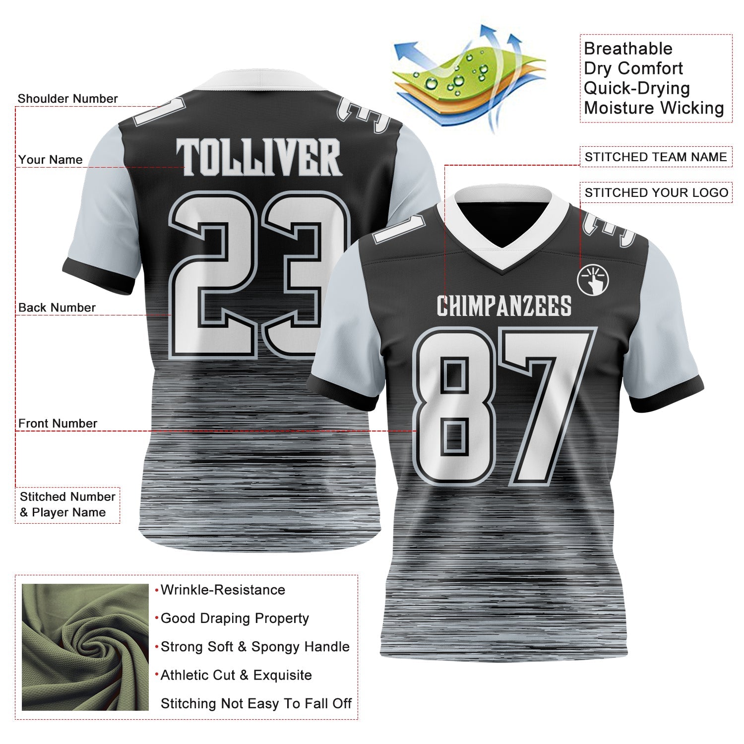 Custom Black White-Silver Authentic Fluid Scratch Waves Football Jersey view 2