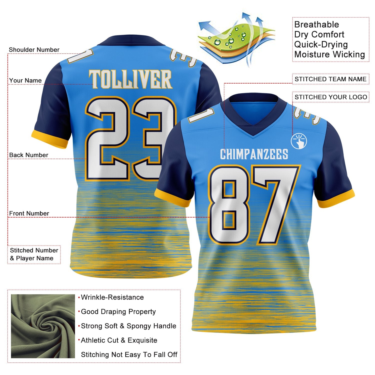 Custom Powder Blue White Gold-Navy Authentic Fluid Scratch Waves Football Jersey view 2