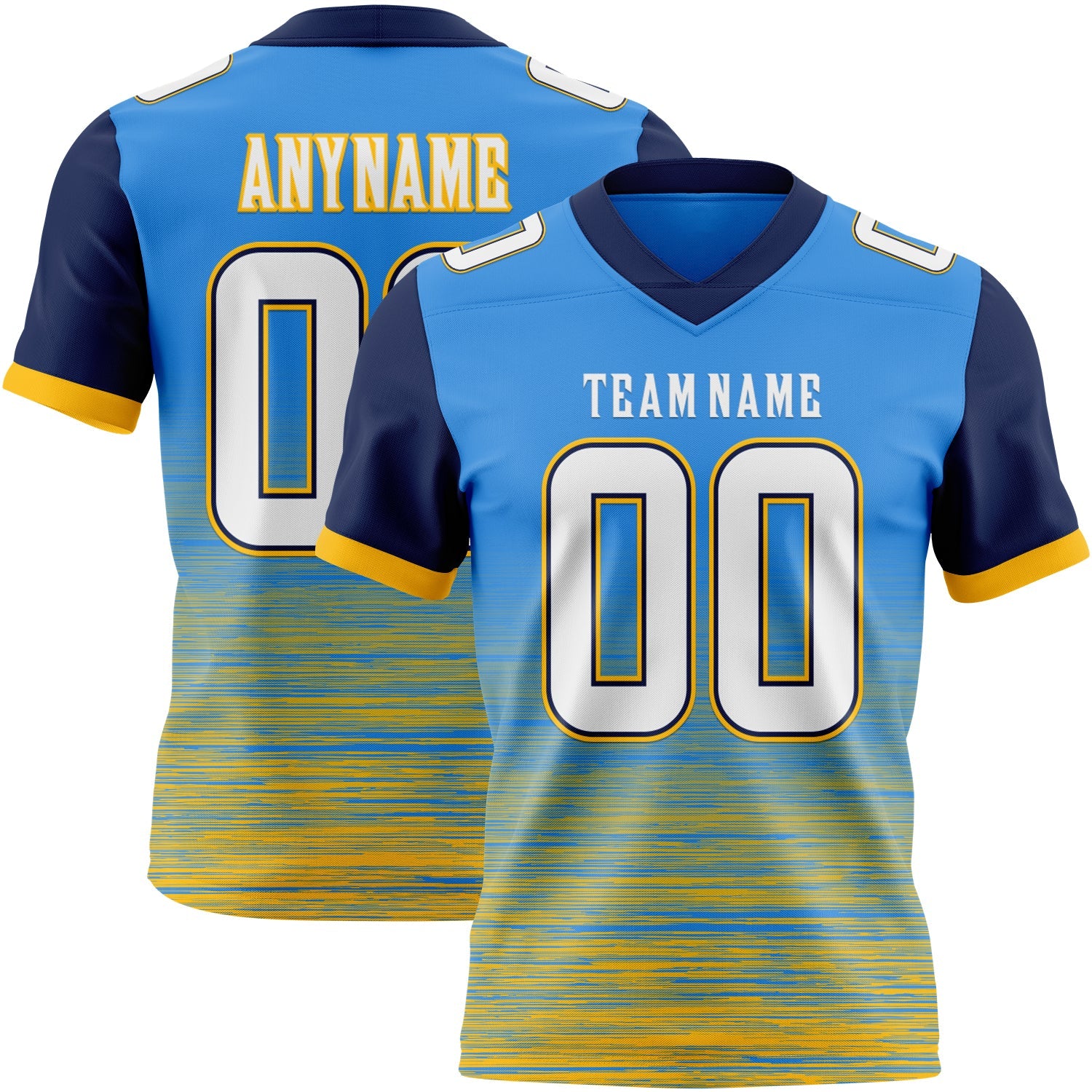 Custom Powder Blue White Gold-Navy Authentic Fluid Scratch Waves Football Jersey - Main View