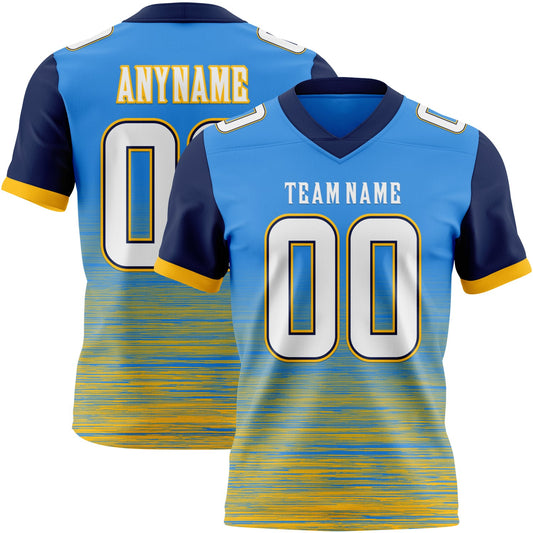 Custom Powder Blue White Gold-Navy Authentic Fluid Scratch Waves Football Jersey - Main View