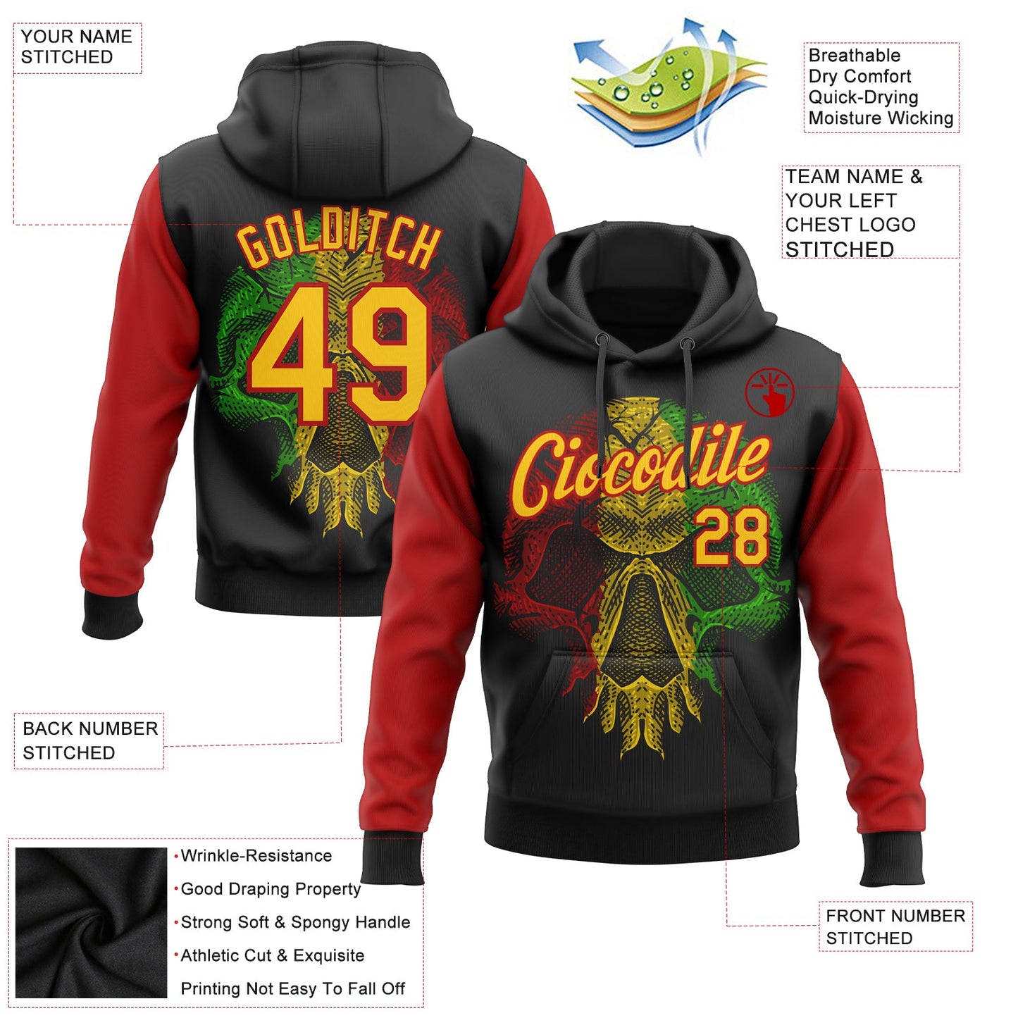 Custom Stitched Black Yellow-Red 3D Pattern Design Black History Month Sports Pullover Sweatshirt Hoodie view 2