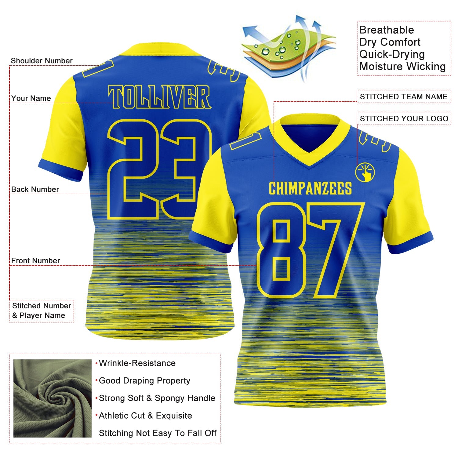 Custom Thunder Blue-Light Yellow Authentic Fluid Scratch Waves Football Jersey view 2