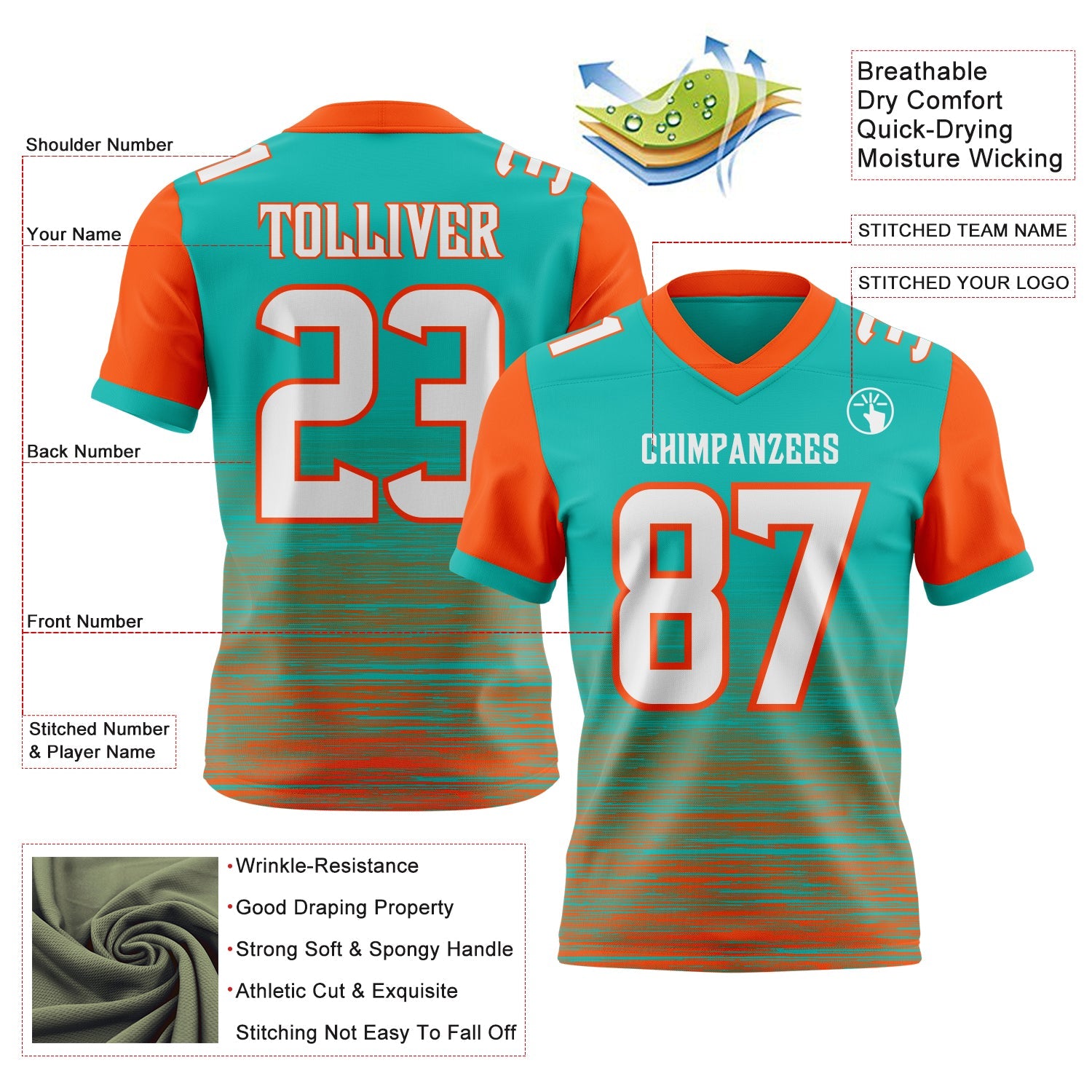 Custom Aqua White-Orange Authentic Fluid Scratch Waves Football Jersey view 2