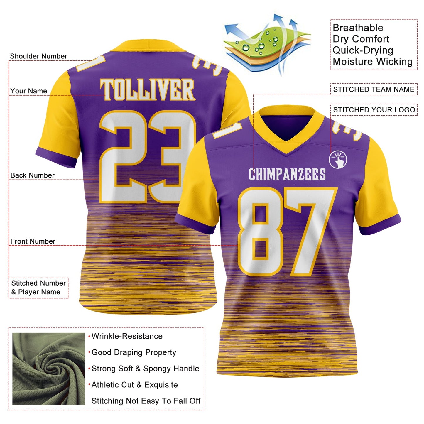 Custom Purple White-Yellow Authentic Fluid Scratch Waves Football Jersey view 2