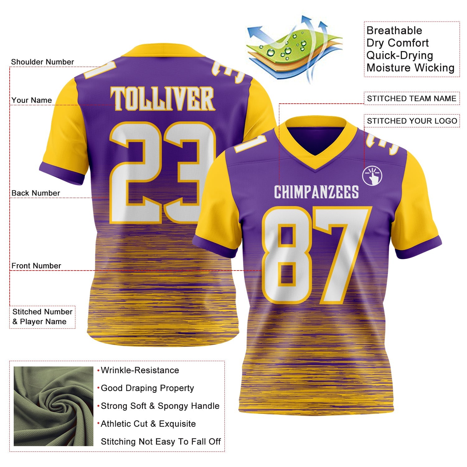 Custom Purple White-Yellow Authentic Fluid Scratch Waves Football Jersey view 2