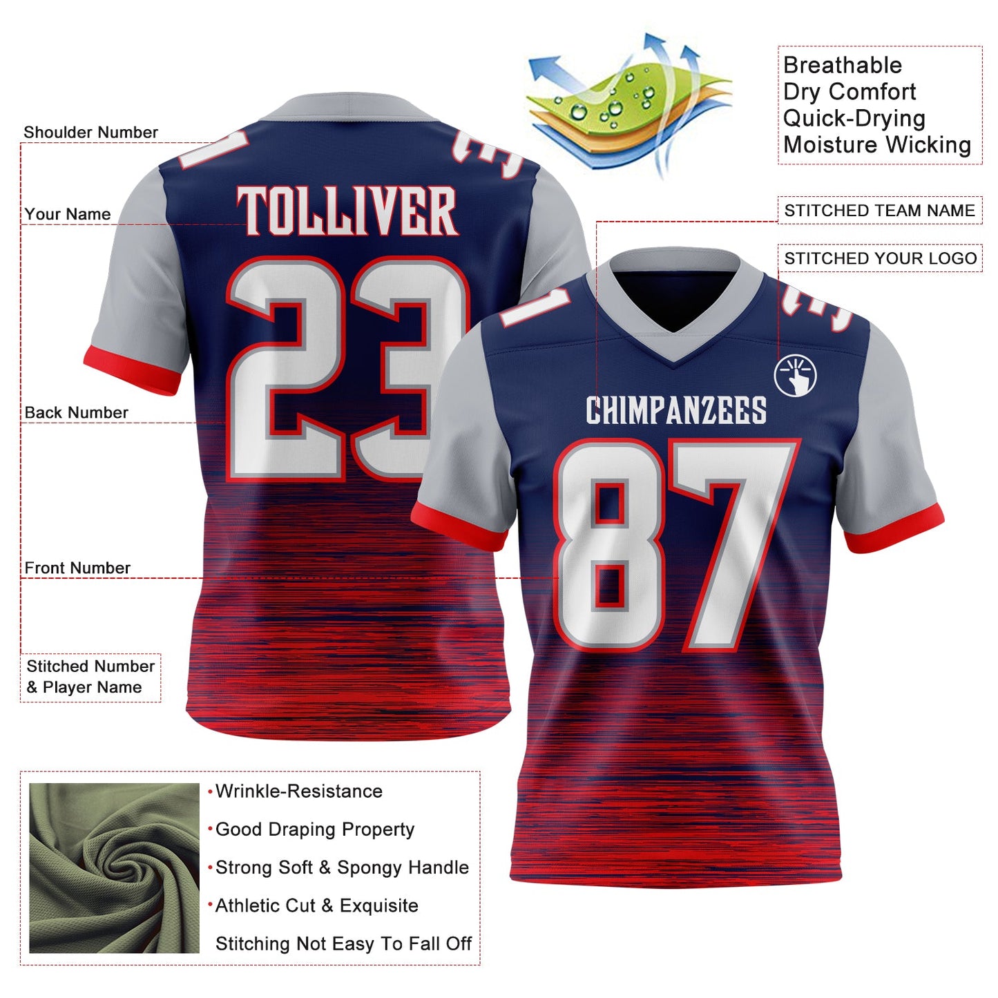 Custom Navy White Fire Red-Gray Authentic Fluid Scratch Waves Football Jersey view 2