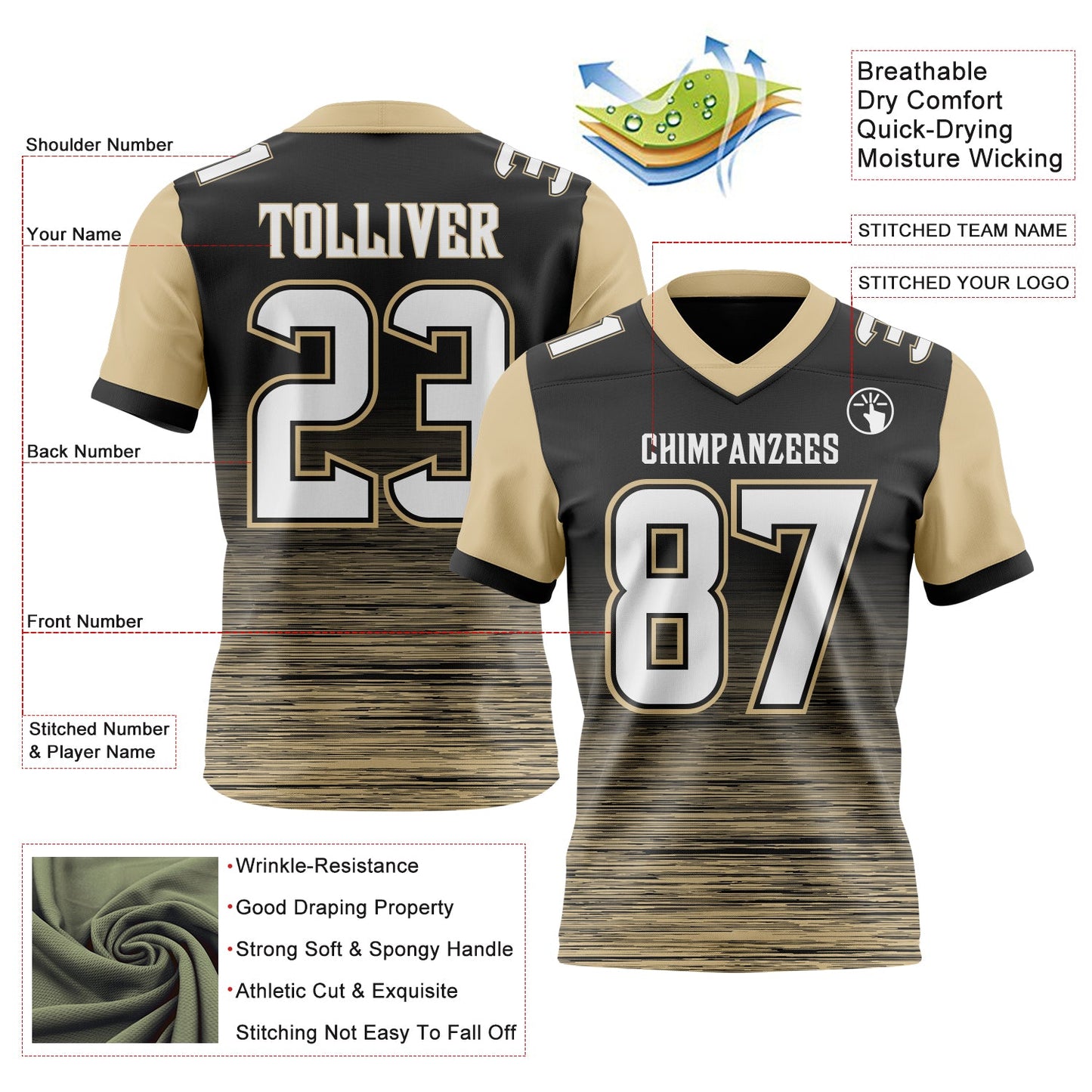 Custom Black White-Vegas Gold Authentic Fluid Scratch Waves Football Jersey view 2
