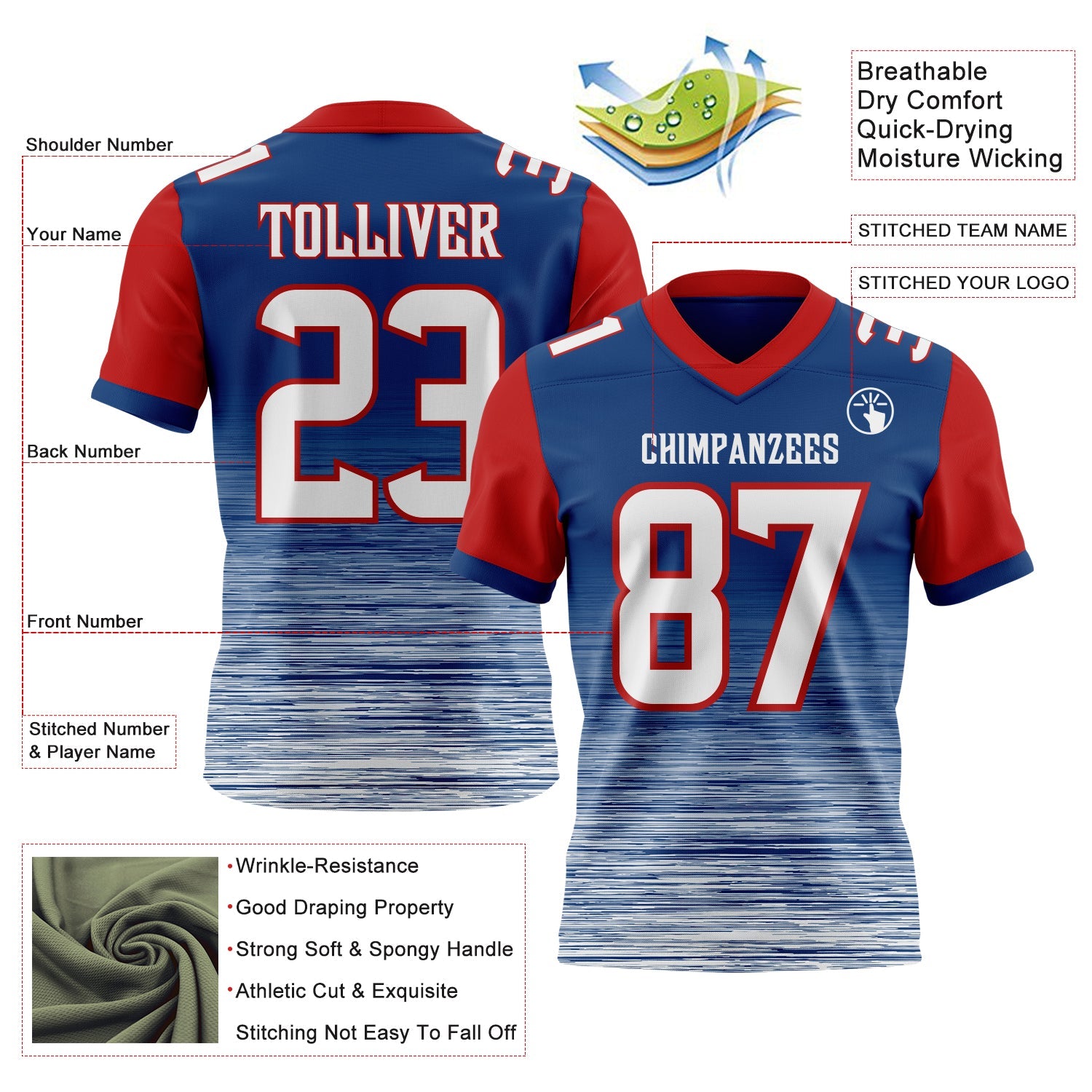 Custom US Navy Blue White-Red Authentic Fluid Scratch Waves Football Jersey view 2