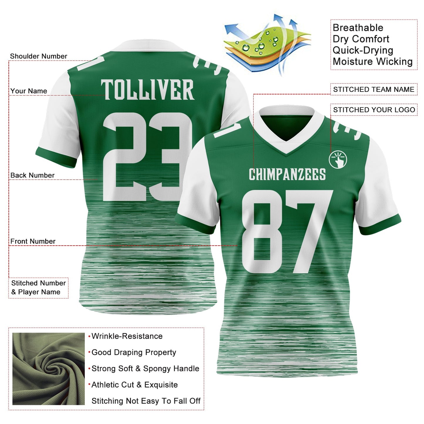 Custom Kelly Green-White Authentic Fluid Scratch Waves Football Jersey view 2