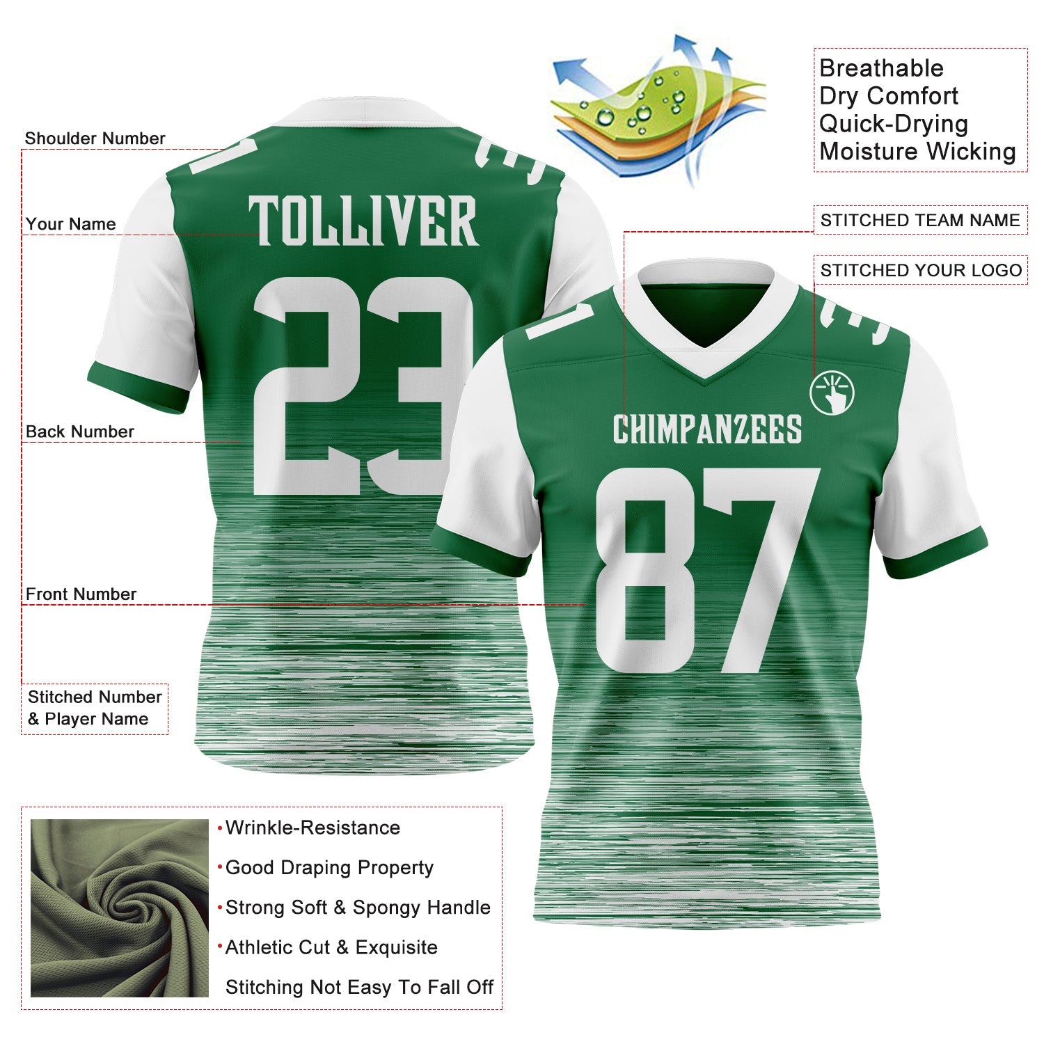Custom Kelly Green-White Authentic Fluid Scratch Waves Football Jersey view 2