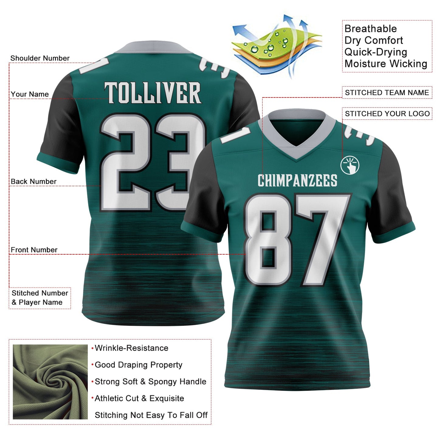 Custom Midnight Green White Black-Gray Authentic Fluid Scratch Waves Football Jersey view 2
