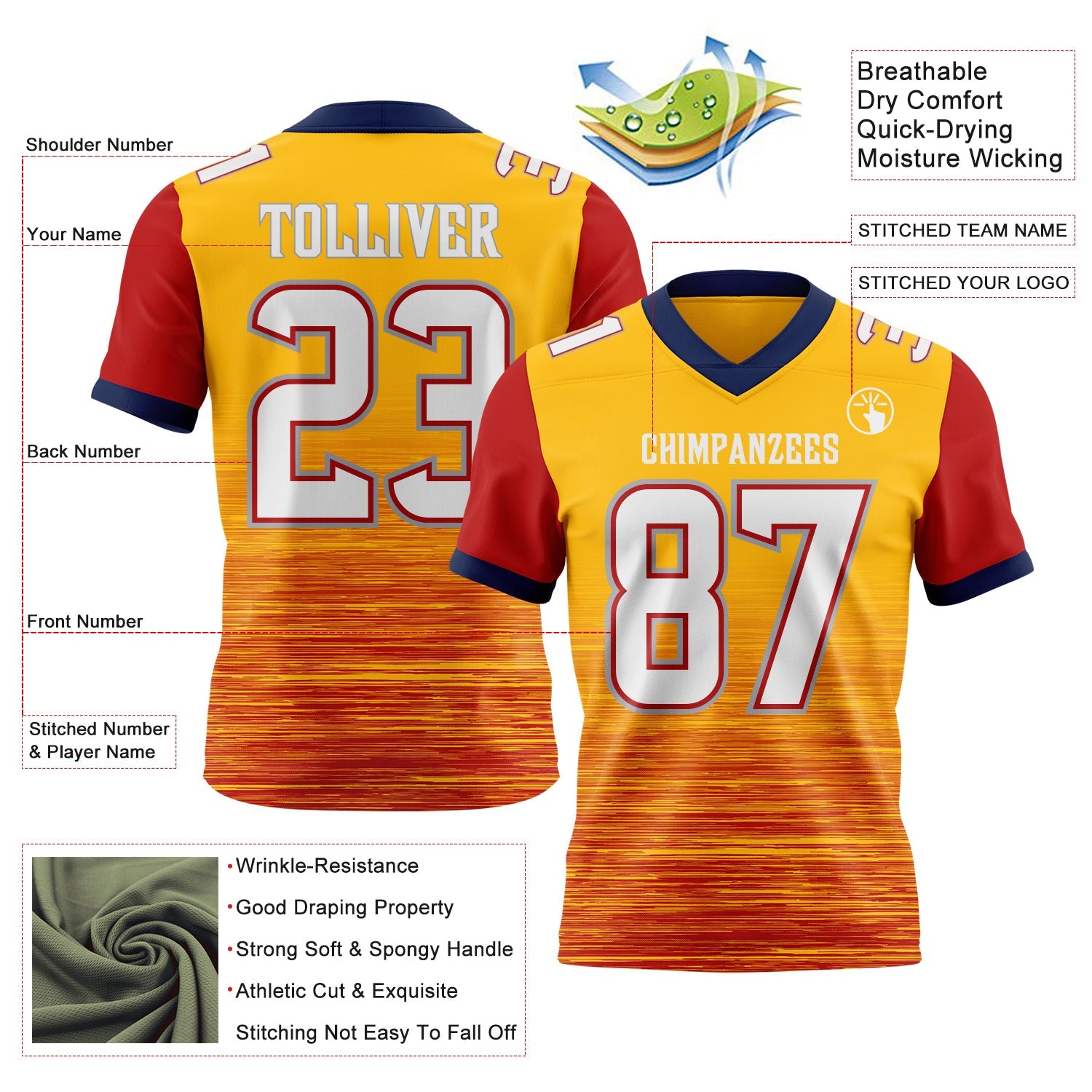 Custom Gold White Red Gray-Navy Authentic Fluid Scratch Waves Football Jersey view 2