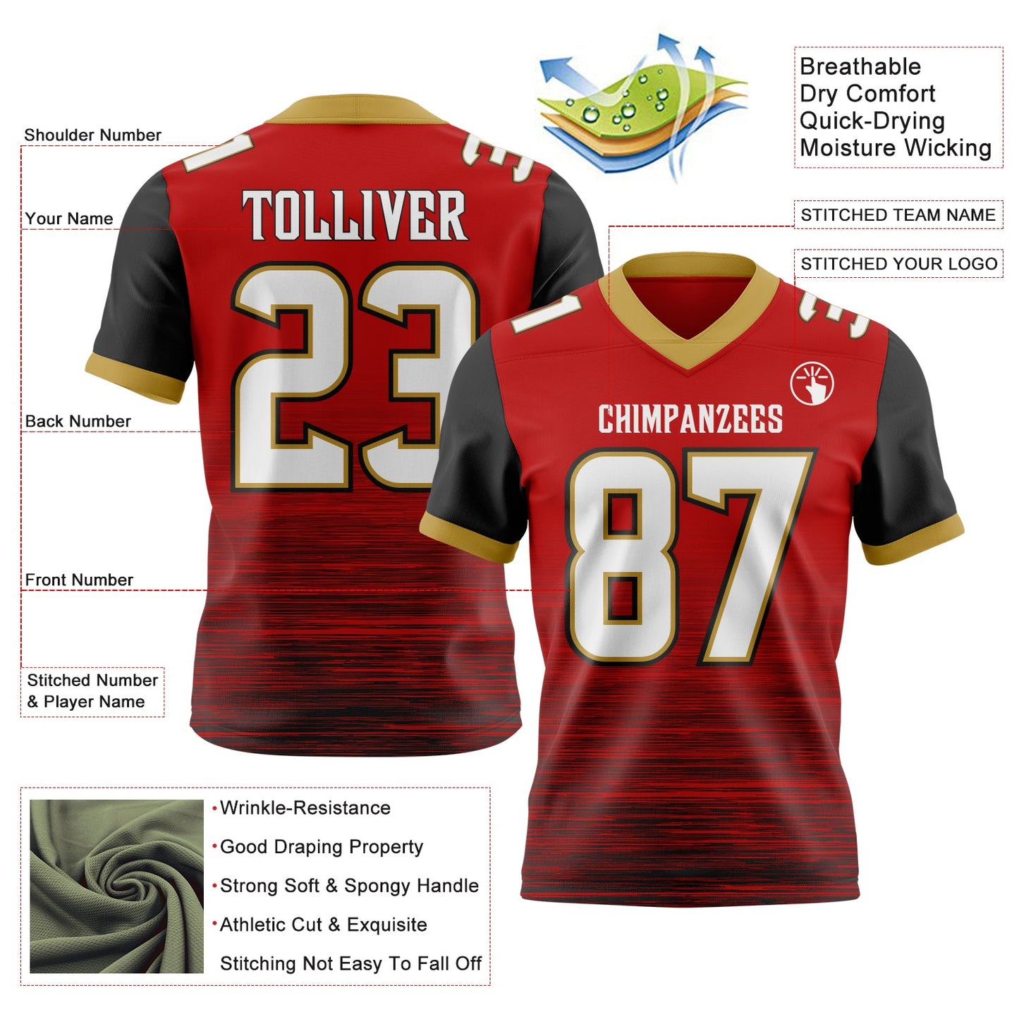 Custom Red White Black-Old Gold Authentic Fluid Scratch Waves Football Jersey view 2