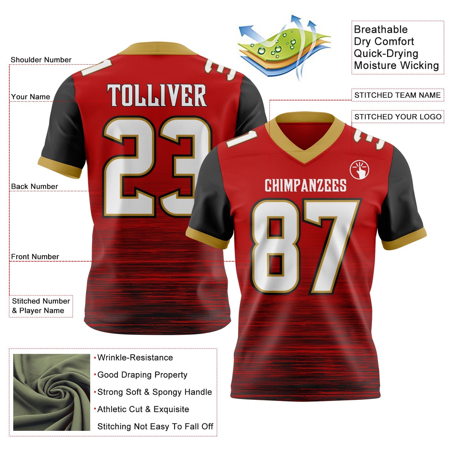 Custom Red White Black-Old Gold Authentic Fluid Scratch Waves Football Jersey view 2