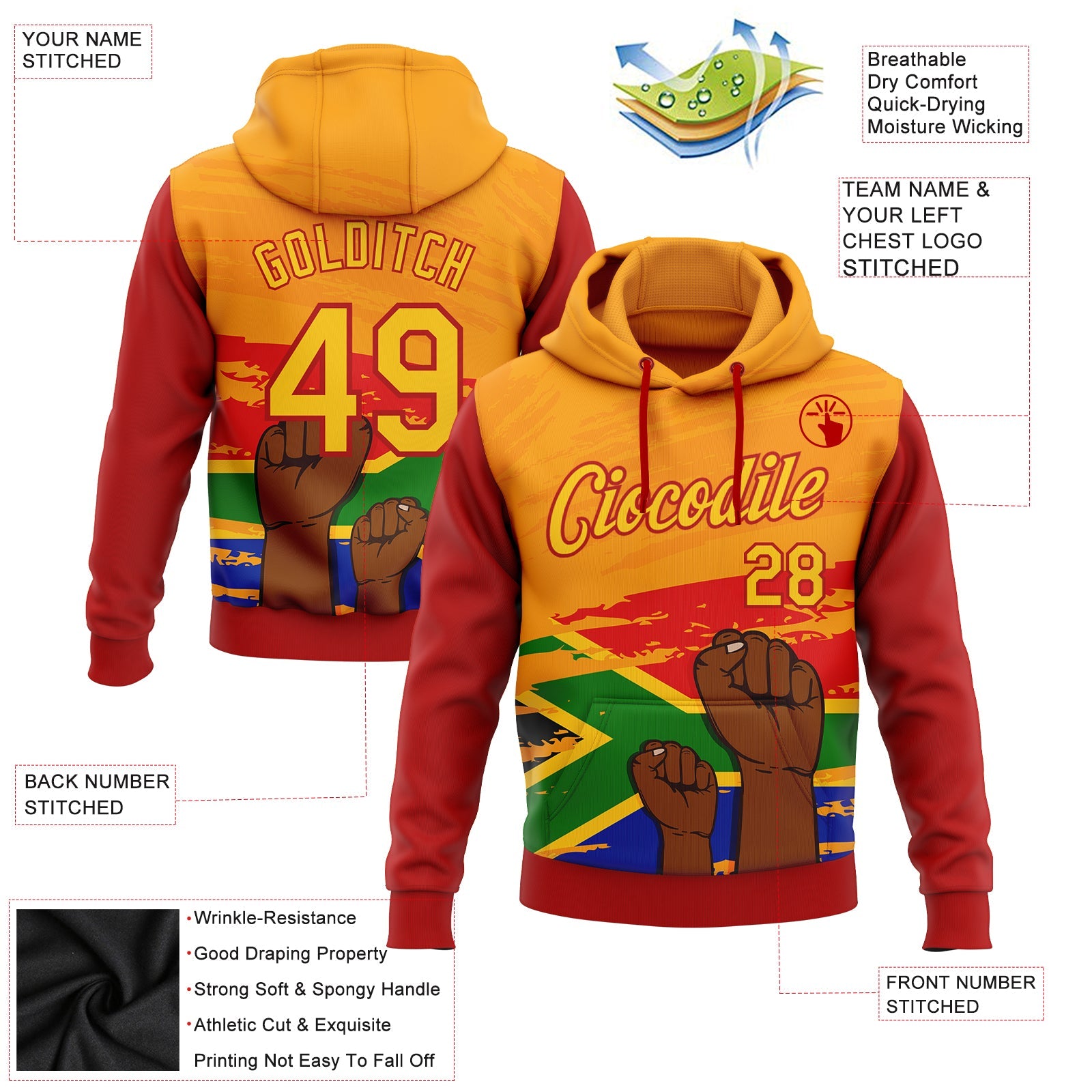 Custom Stitched Yellow-Red 3D Pattern Design Black History Month Sports Pullover Sweatshirt Hoodie view 2