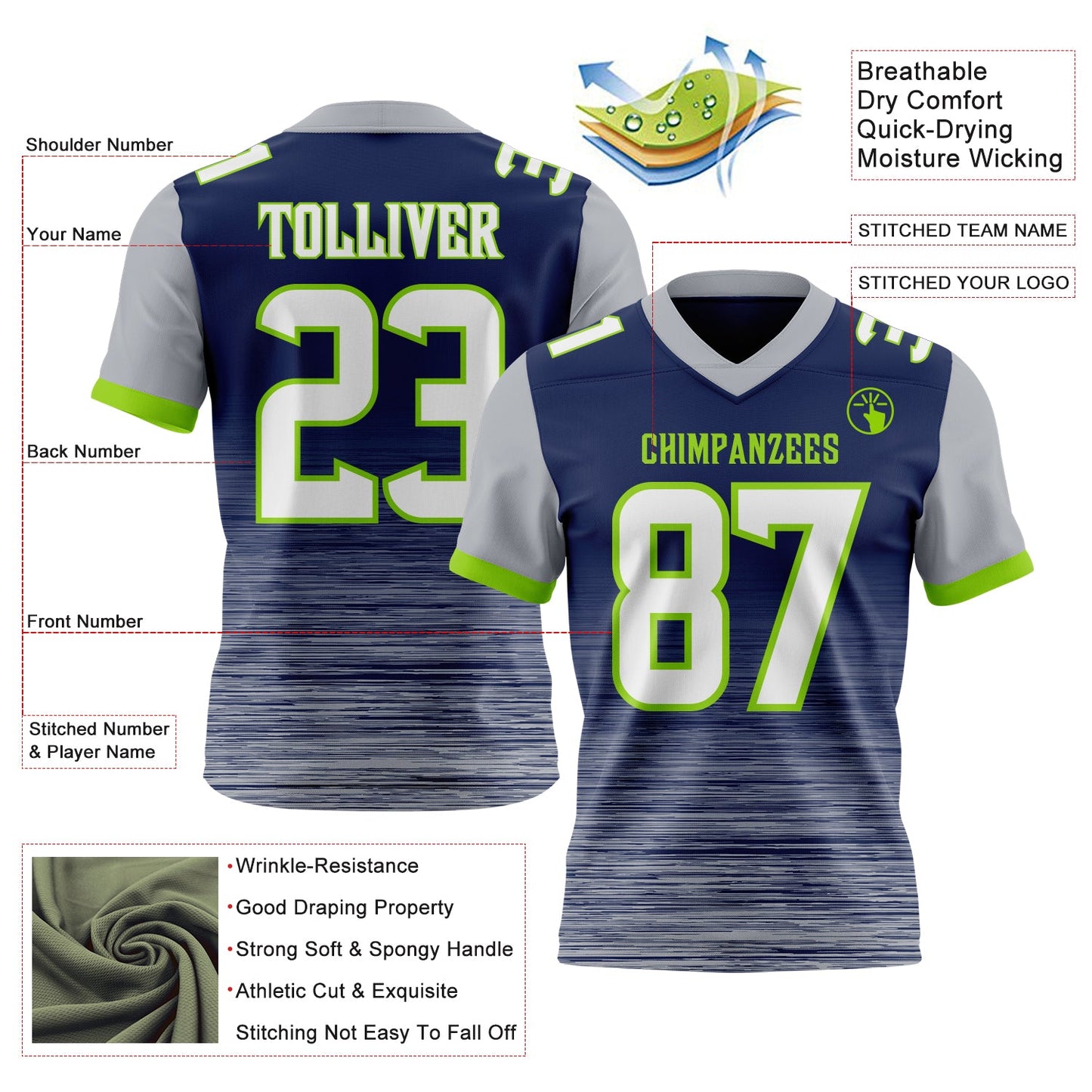 Custom Navy White Gray-Neon Green Authentic Fluid Scratch Waves Football Jersey view 2