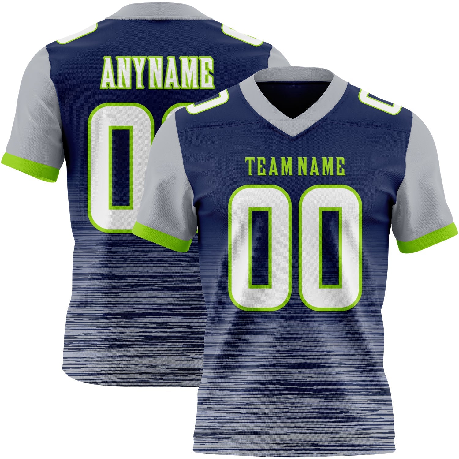 Custom Navy White Gray-Neon Green Authentic Fluid Scratch Waves Football Jersey - Main View