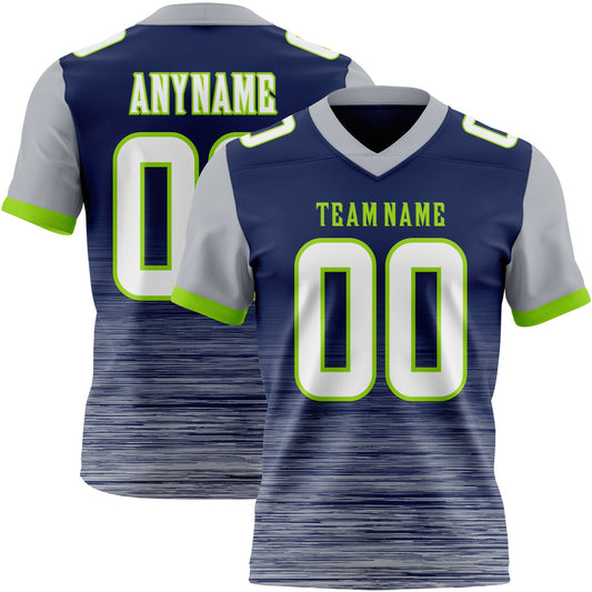Custom Navy White Gray-Neon Green Authentic Fluid Scratch Waves Football Jersey - Main View