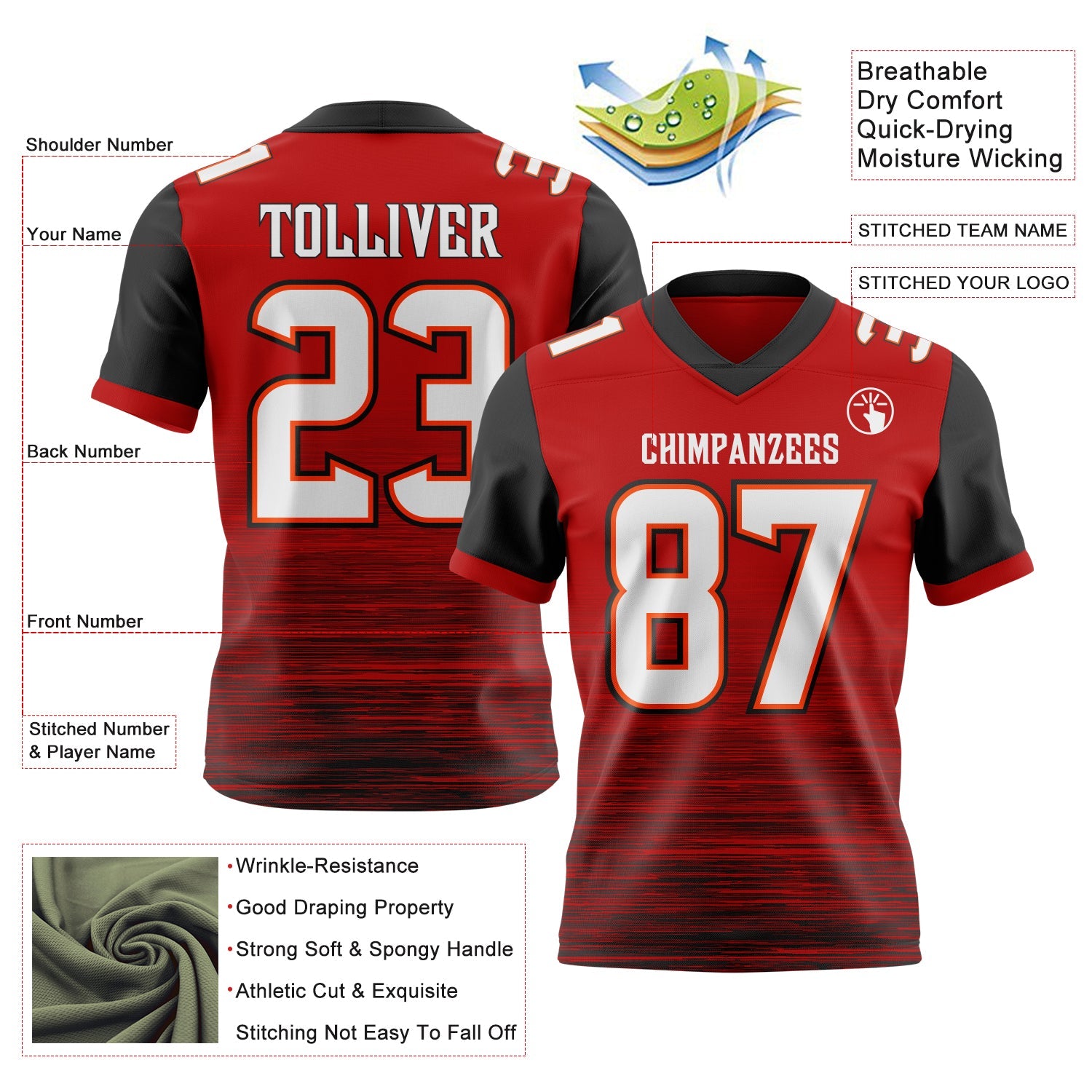 Custom Red White Black-Orange Authentic Fluid Scratch Waves Football Jersey view 2