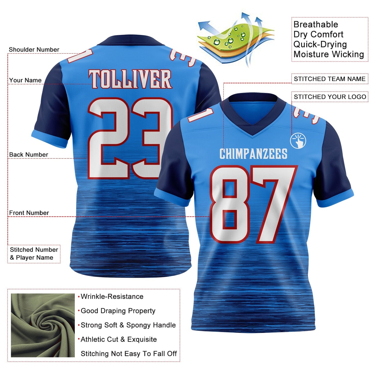 Custom Powder Blue White Navy-Red Authentic Fluid Scratch Waves Football Jersey view 2