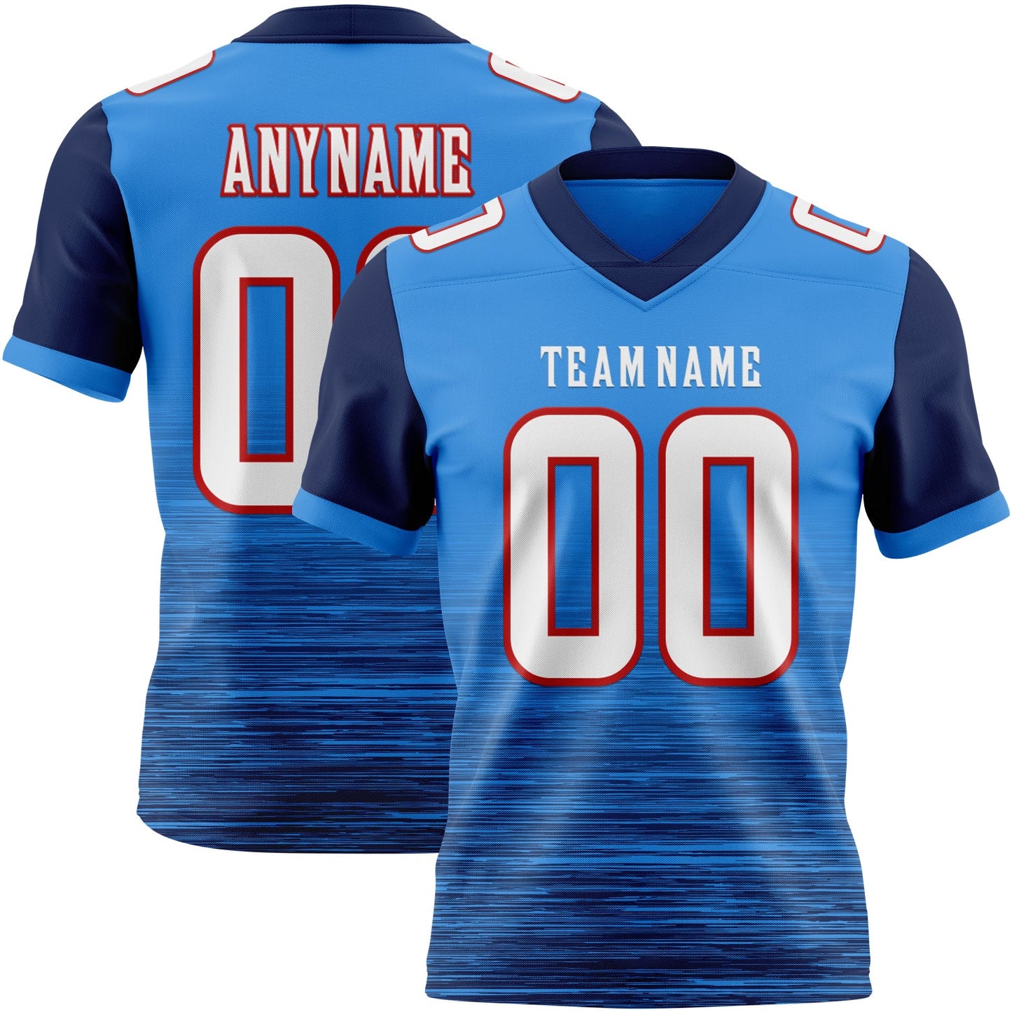 Custom Powder Blue White Navy-Red Authentic Fluid Scratch Waves Football Jersey - Main View