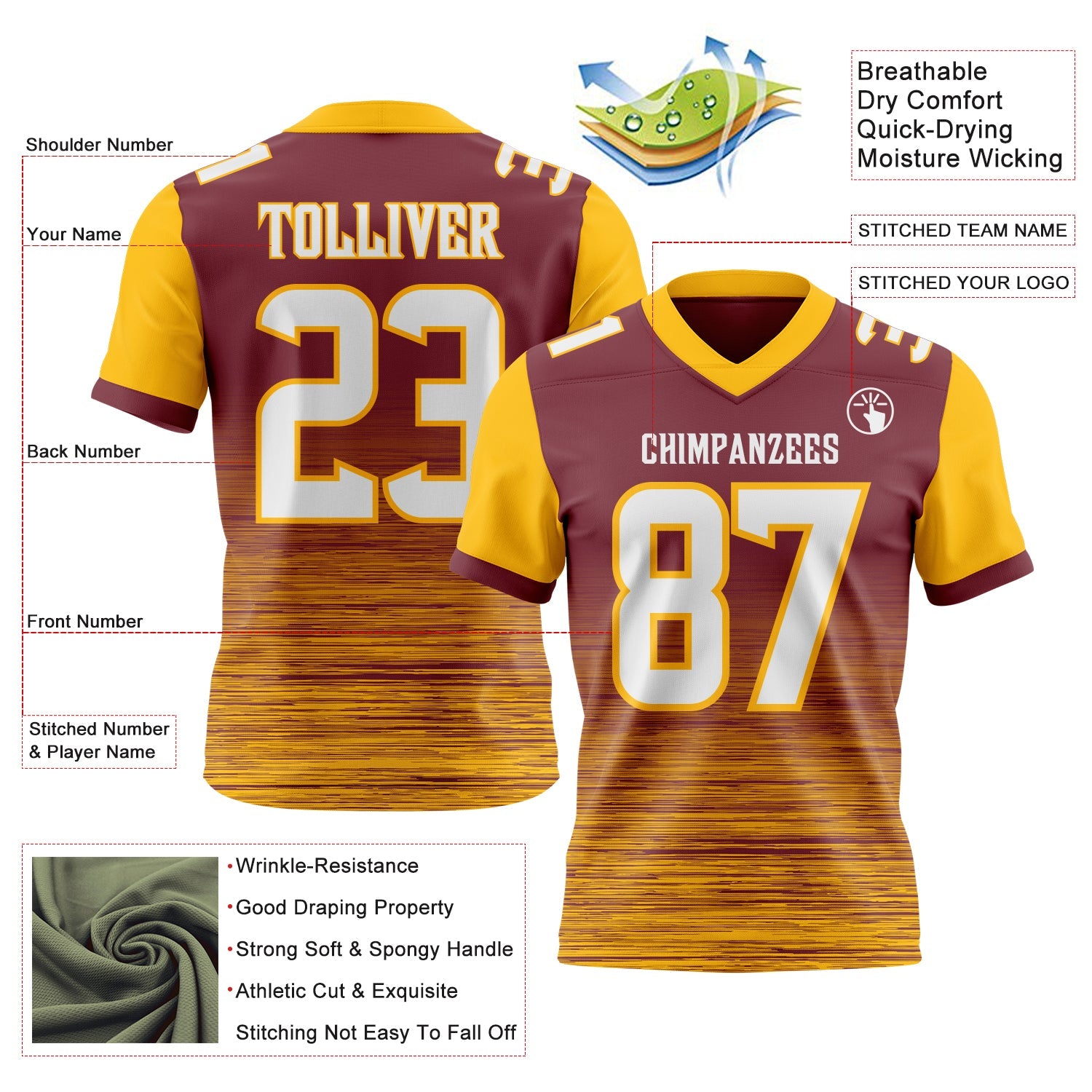 Custom Burgundy White-Gold Authentic Fluid Scratch Waves Football Jersey view 2
