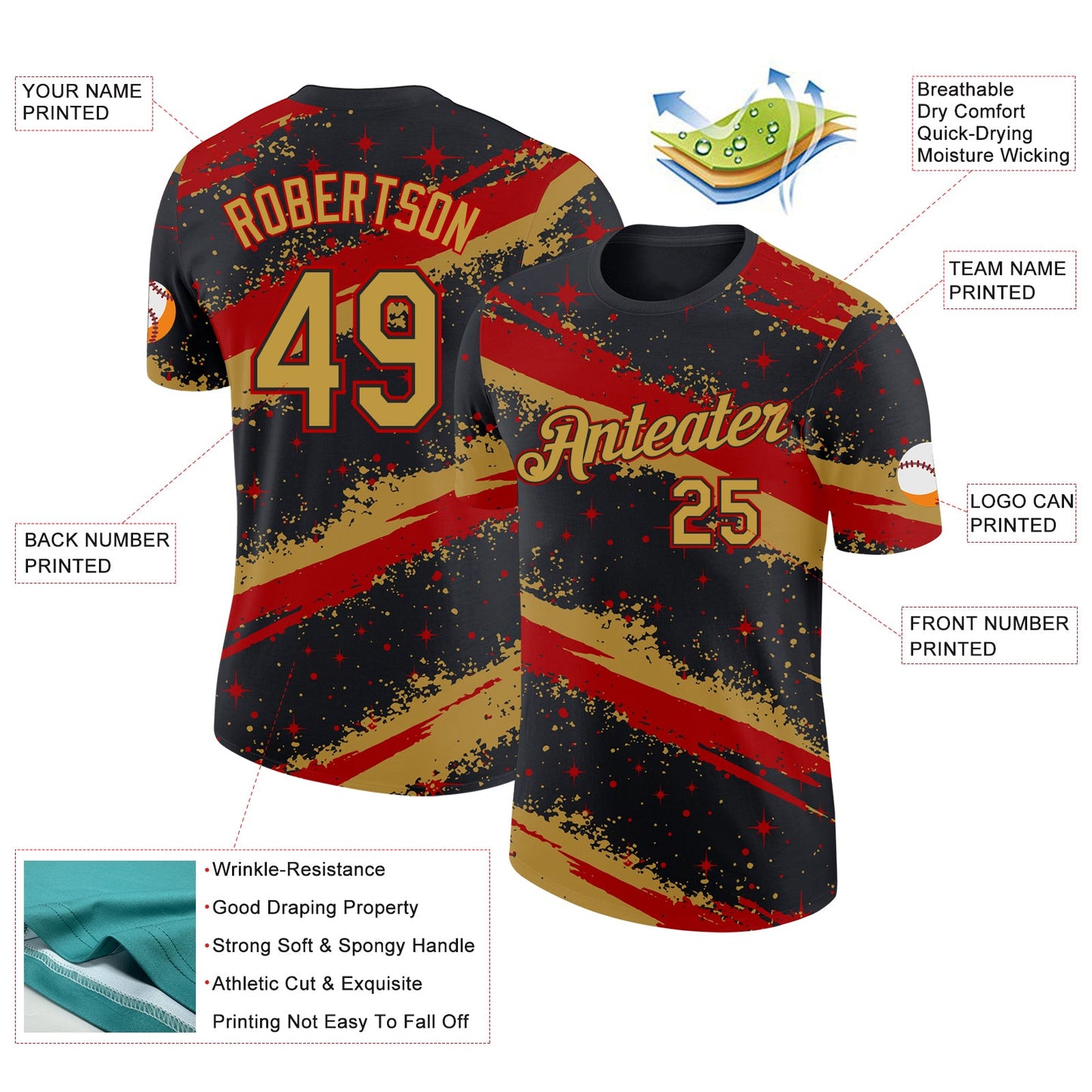 Custom Black Old Gold-Red Brush Stroke Splatter Starburst Performance T-Shirt view 2