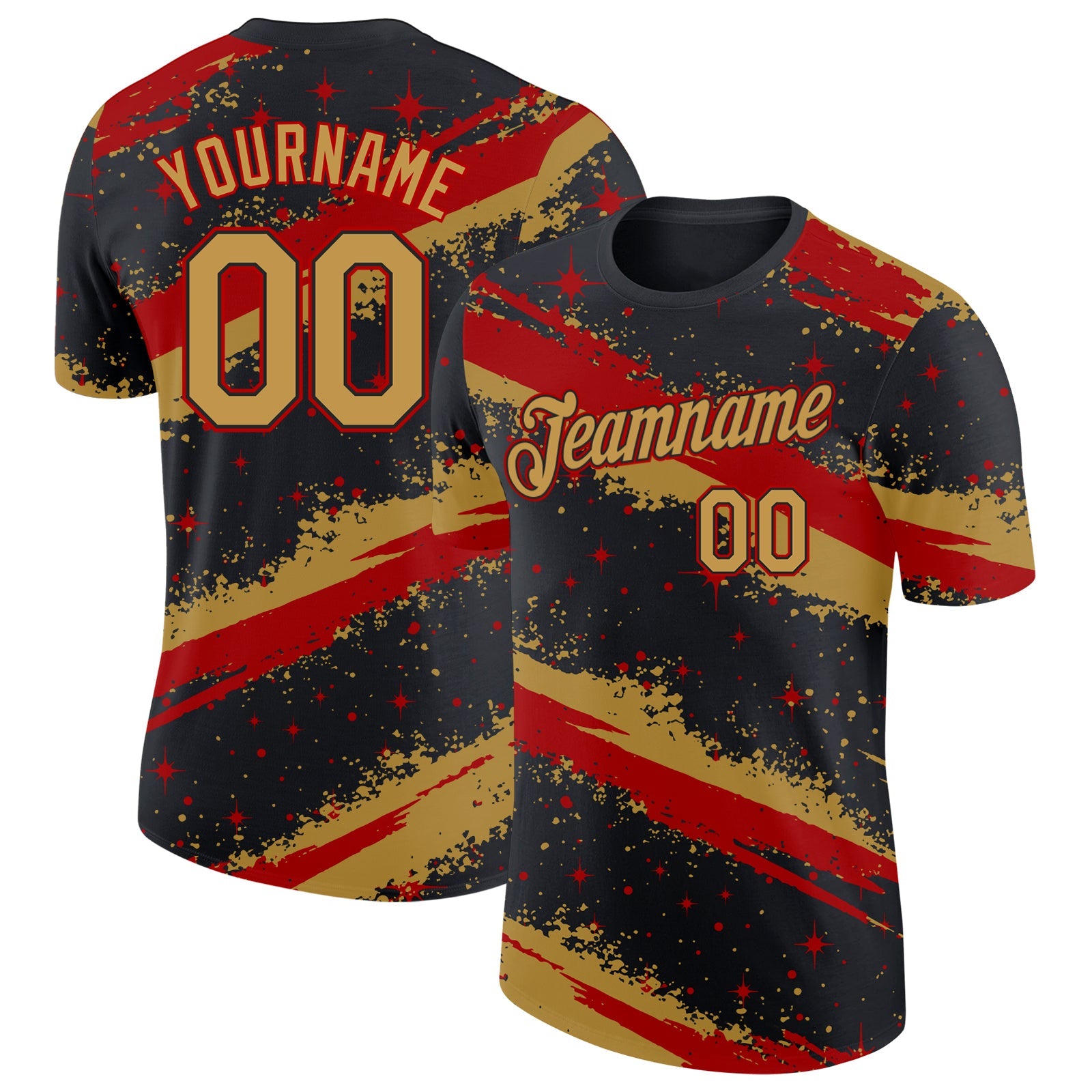 Custom Black Old Gold-Red Brush Stroke Splatter Starburst Performance T-Shirt - Main View