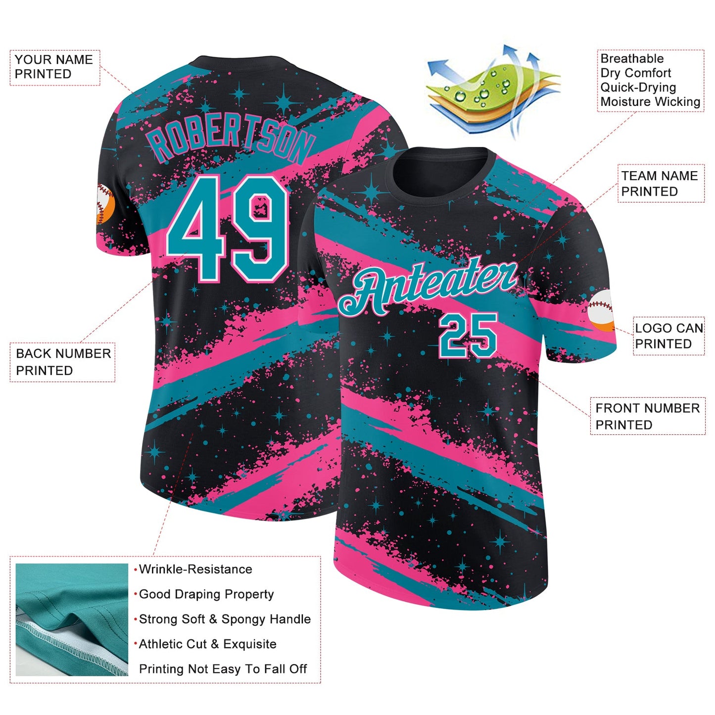 Custom Black Teal Pink-White Brush Stroke Splatter Starburst Performance T-Shirt view 2