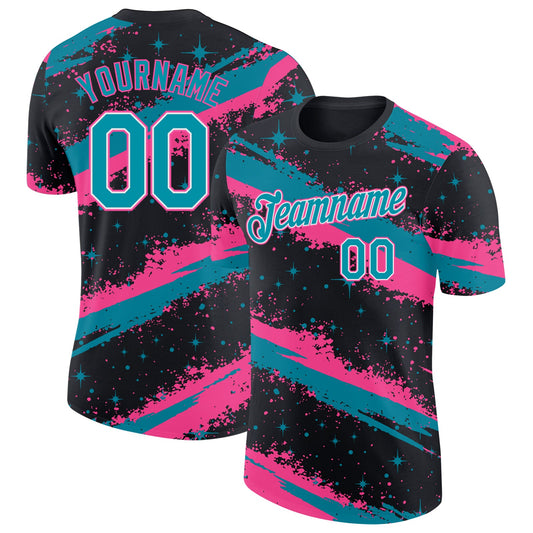 Custom Black Teal Pink-White Brush Stroke Splatter Starburst Performance T-Shirt - Main View