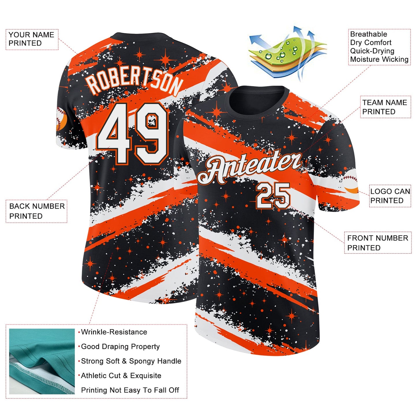 Custom Black White-Orange Brush Stroke Splatter Starburst Performance T-Shirt view 2